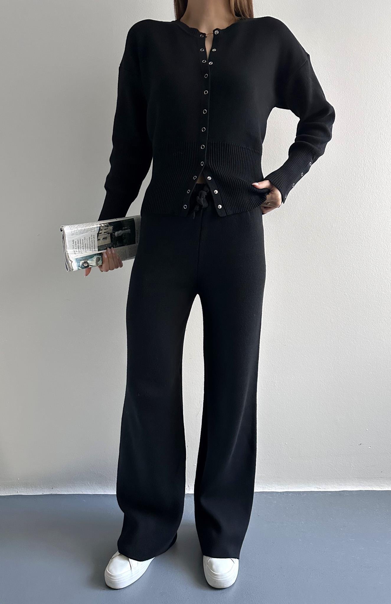 Çıtçıtlı Slim Kesim Pantolonlu Triko Takım SİYAH