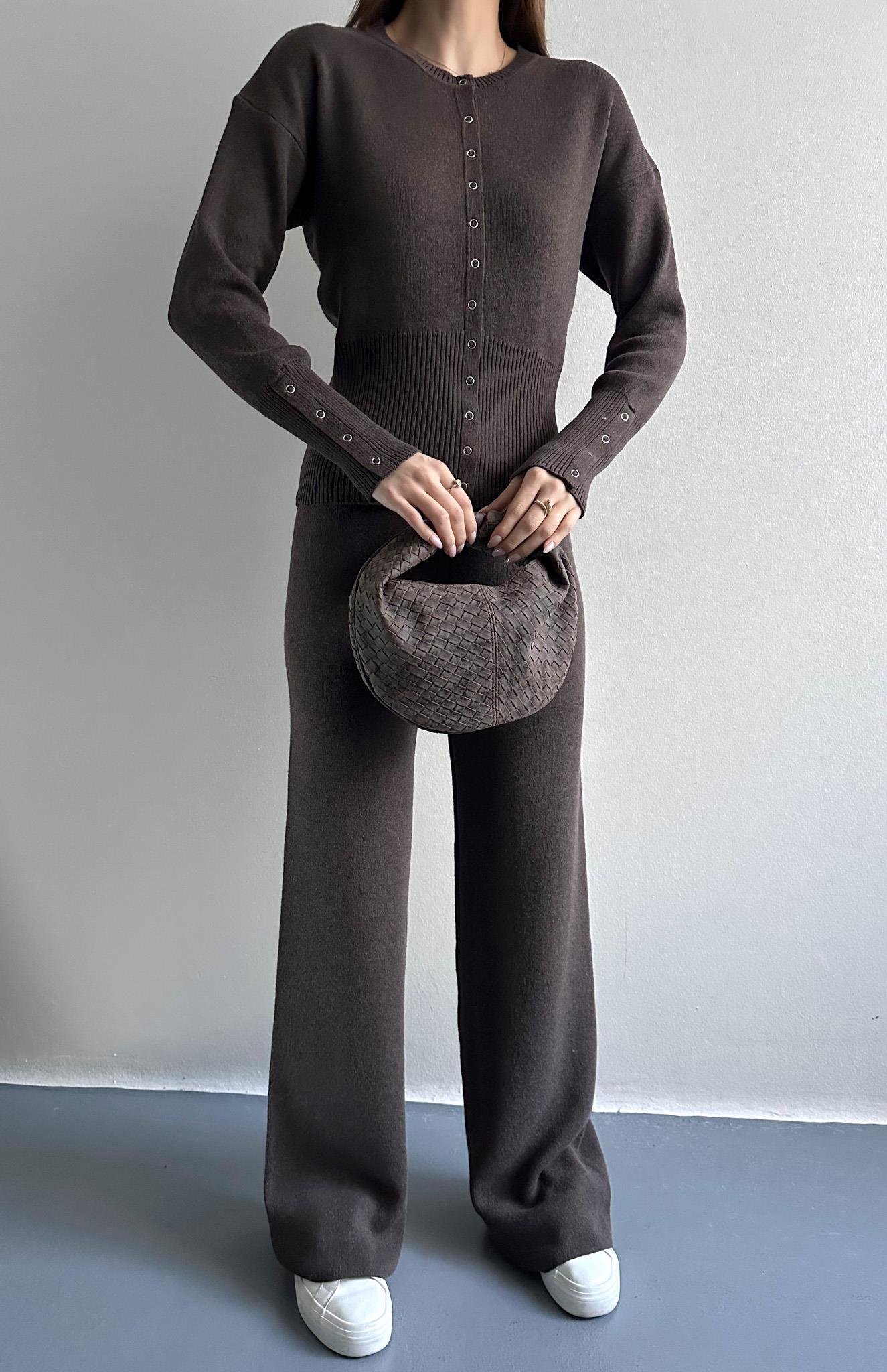 Çıtçıtlı Slim Kesim Pantolonlu Triko Takım KAHVERENGİ