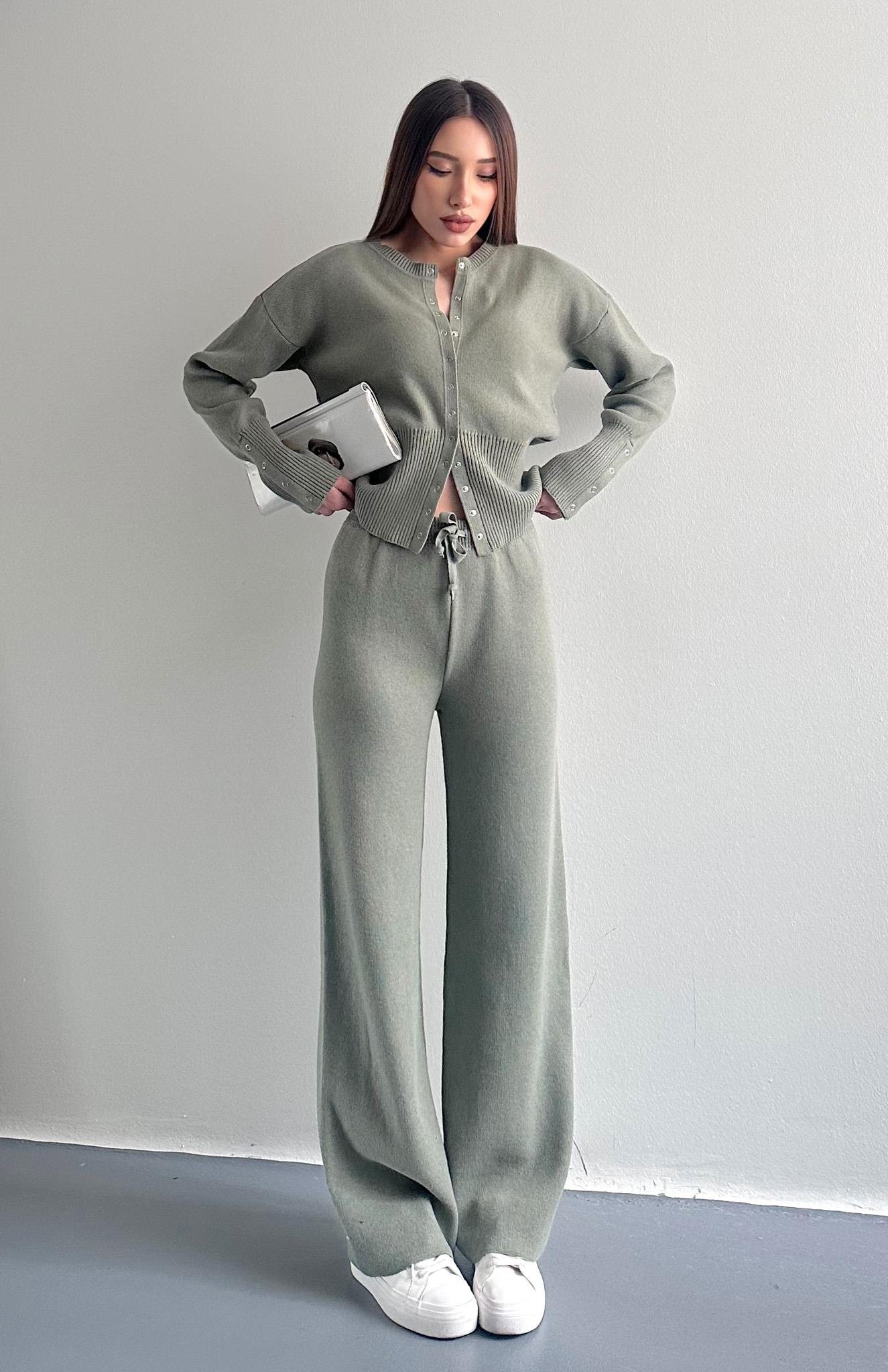 Çıtçıtlı Slim Kesim Pantolonlu Triko Takım HAKİ