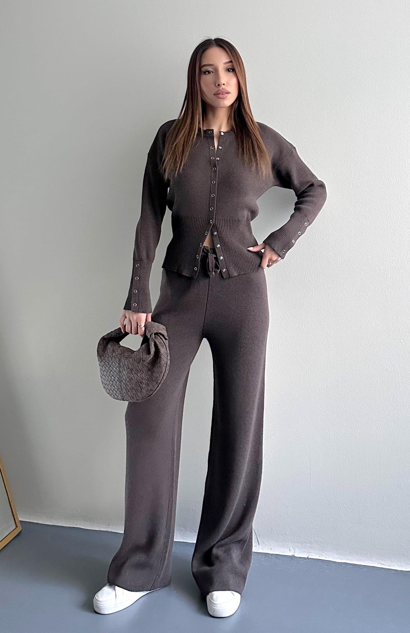 Çıtçıtlı Slim Kesim Pantolonlu Triko Takım KAHVERENGİ