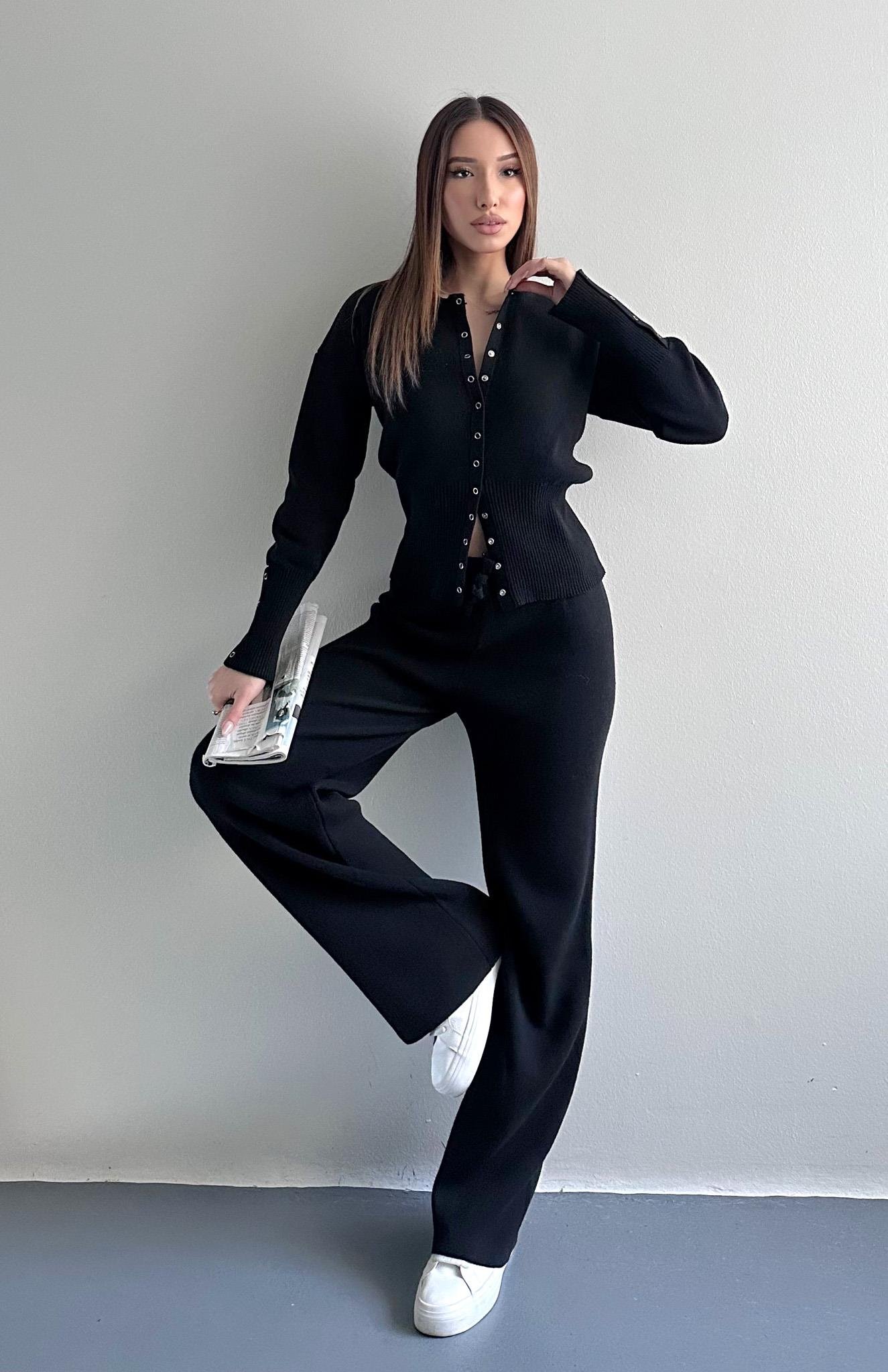 Çıtçıtlı Slim Kesim Pantolonlu Triko Takım SİYAH