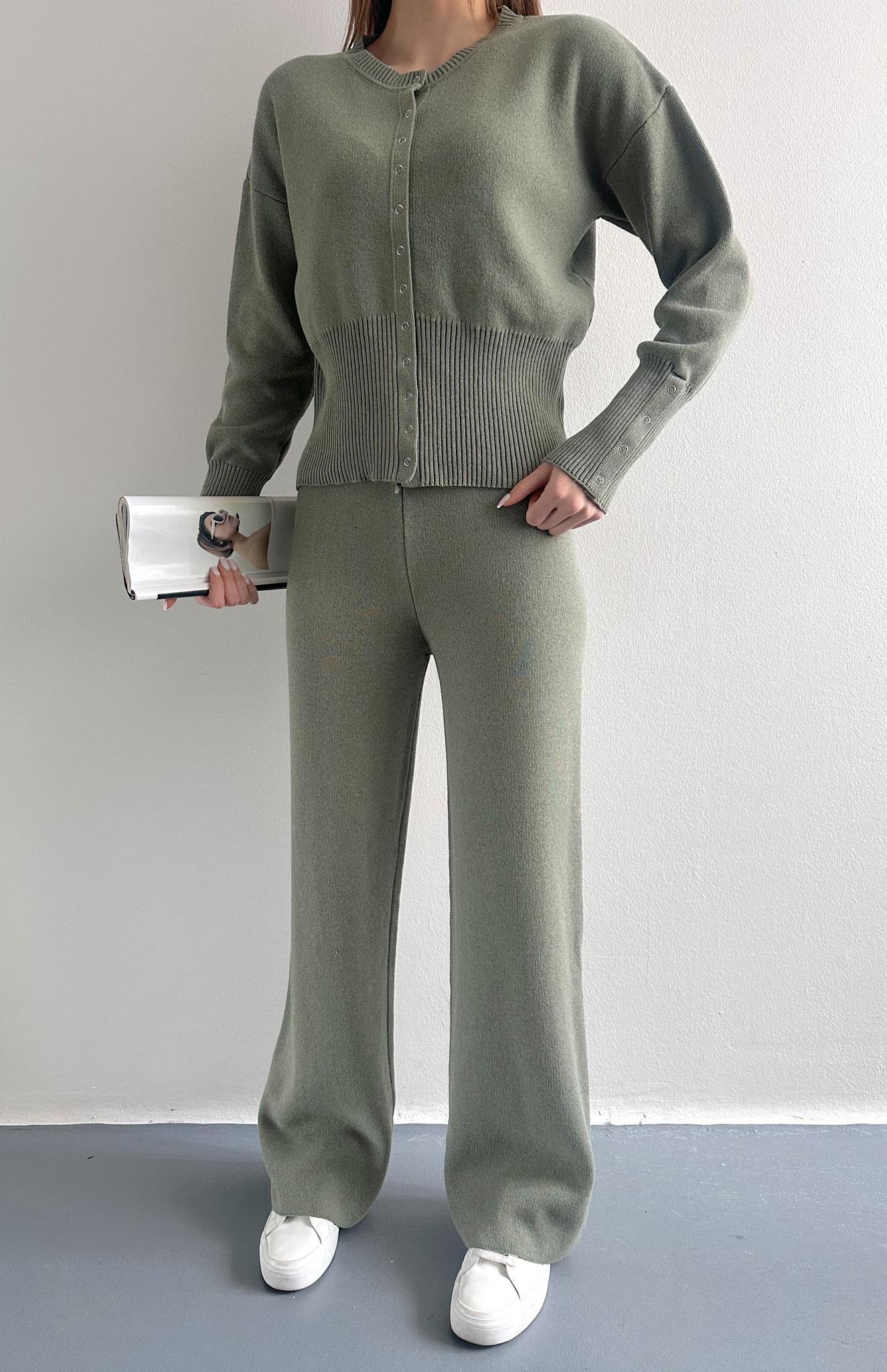 Çıtçıtlı Slim Kesim Pantolonlu Triko Takım HAKİ