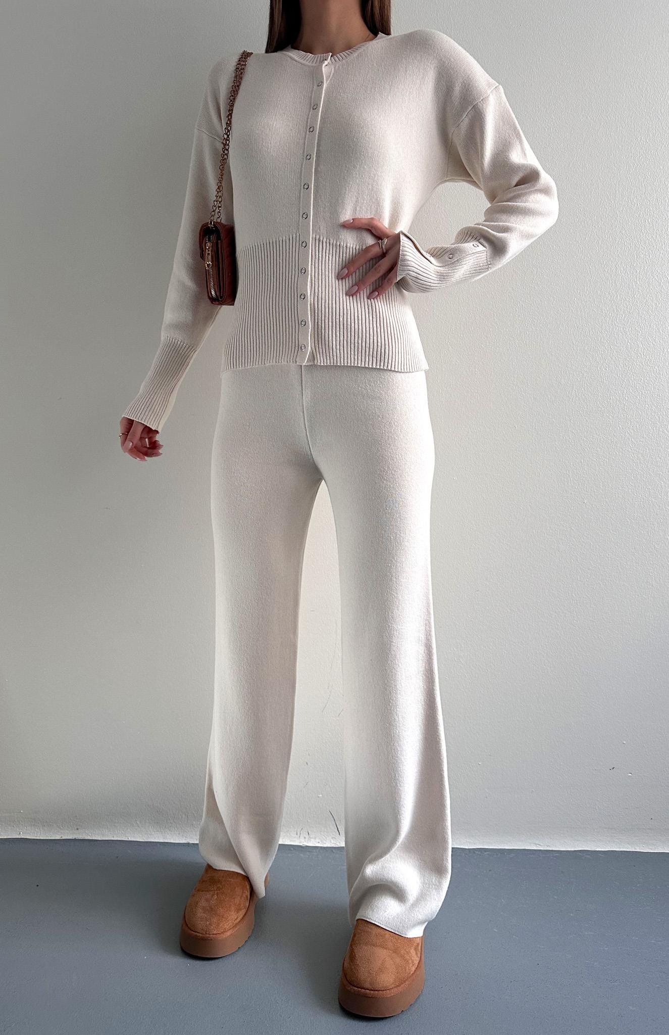 Çıtçıtlı Slim Kesim Pantolonlu Triko Takım EKRU