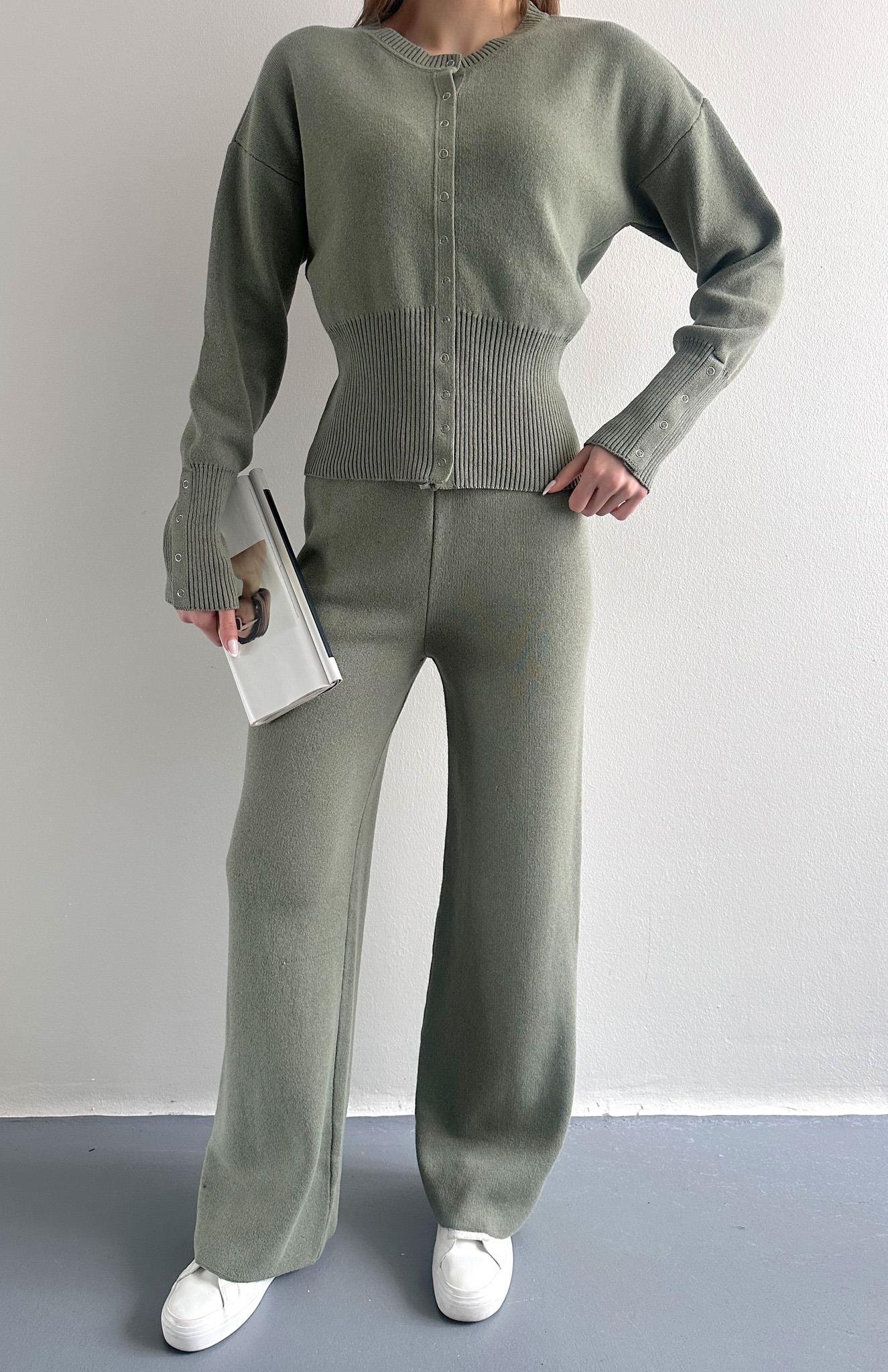 Çıtçıtlı Slim Kesim Pantolonlu Triko Takım HAKİ