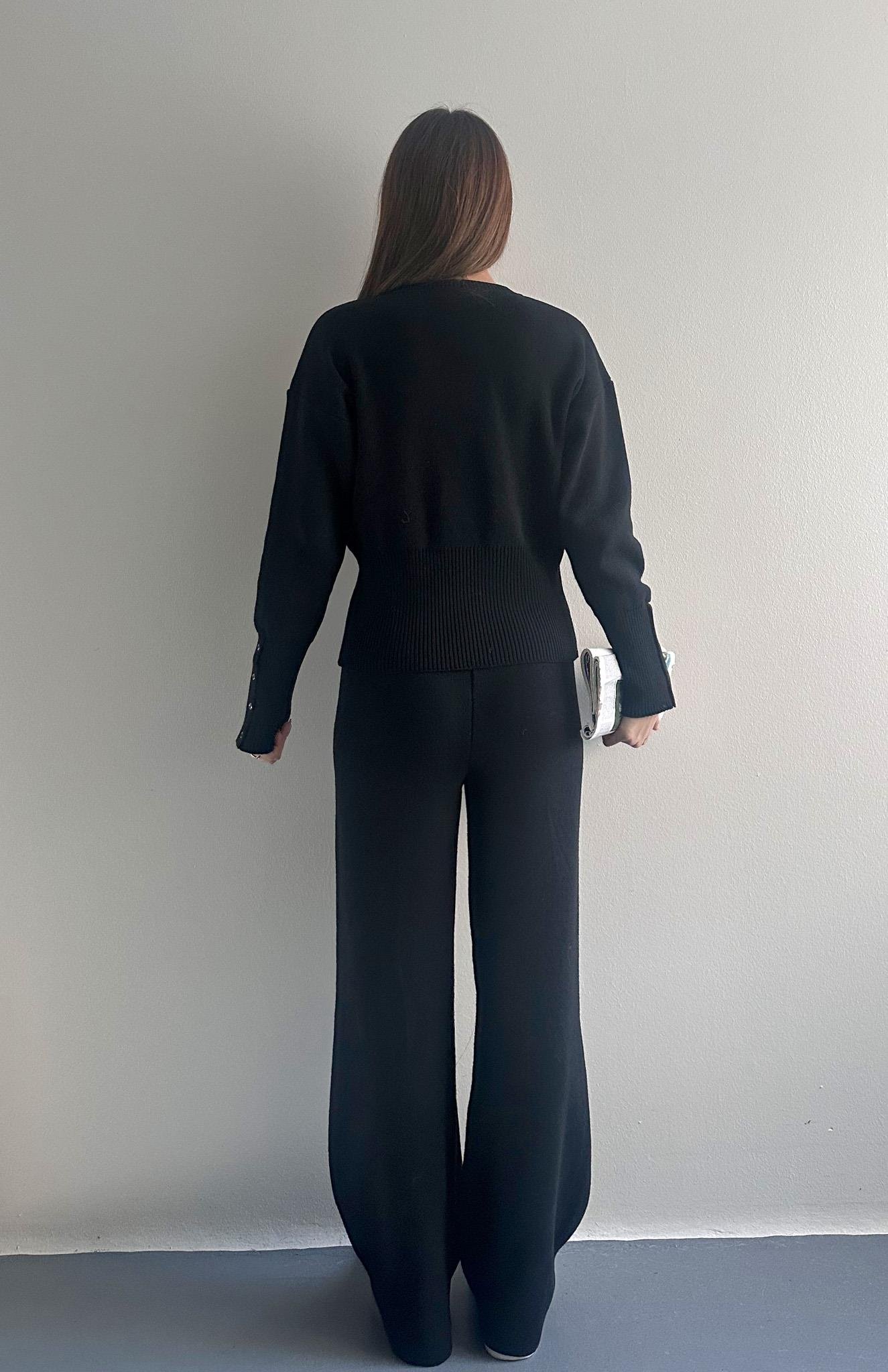 Çıtçıtlı Slim Kesim Pantolonlu Triko Takım SİYAH