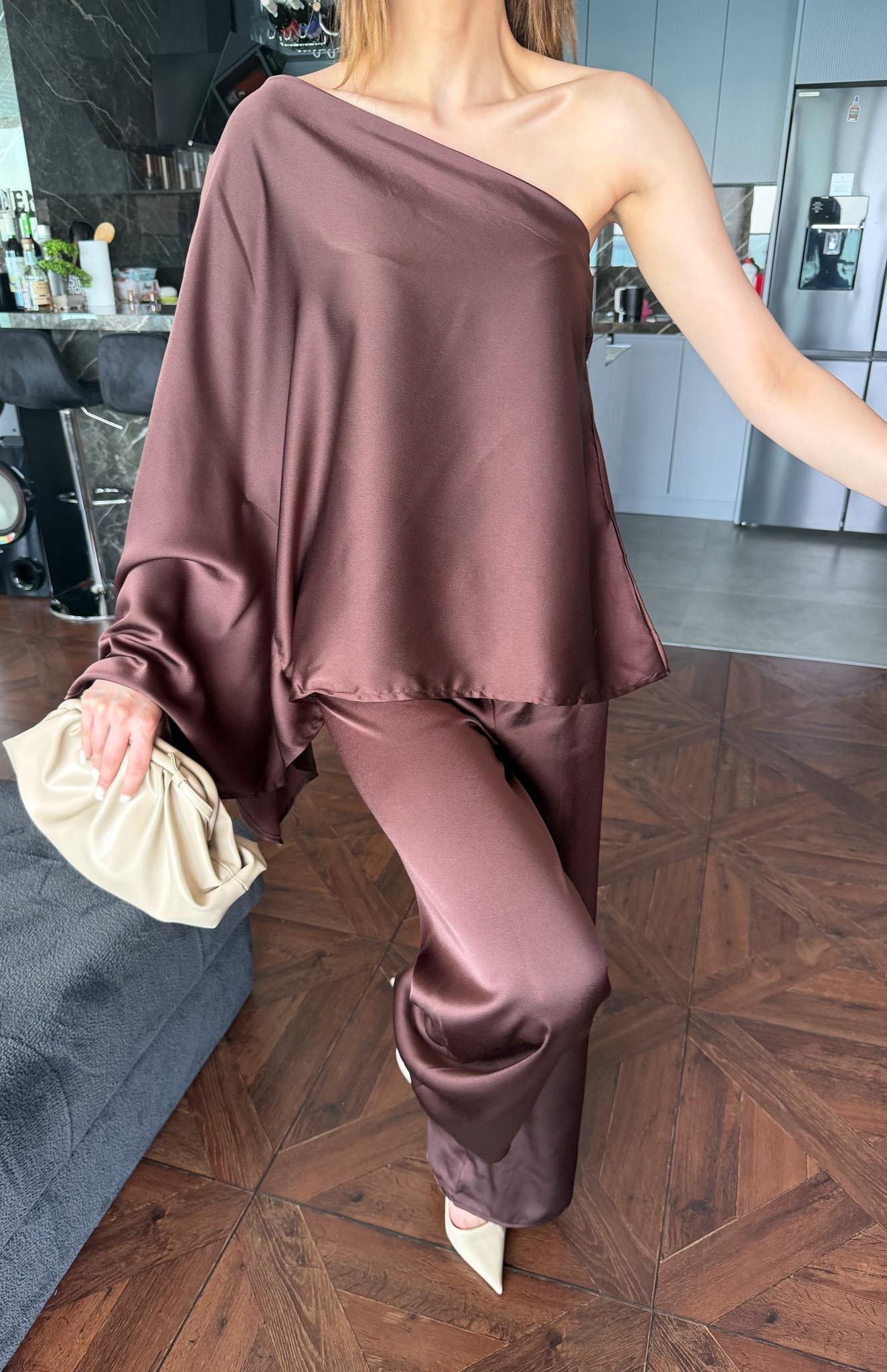 Dejave Yaka Panço Pantolon Takım KAHVERENGİ