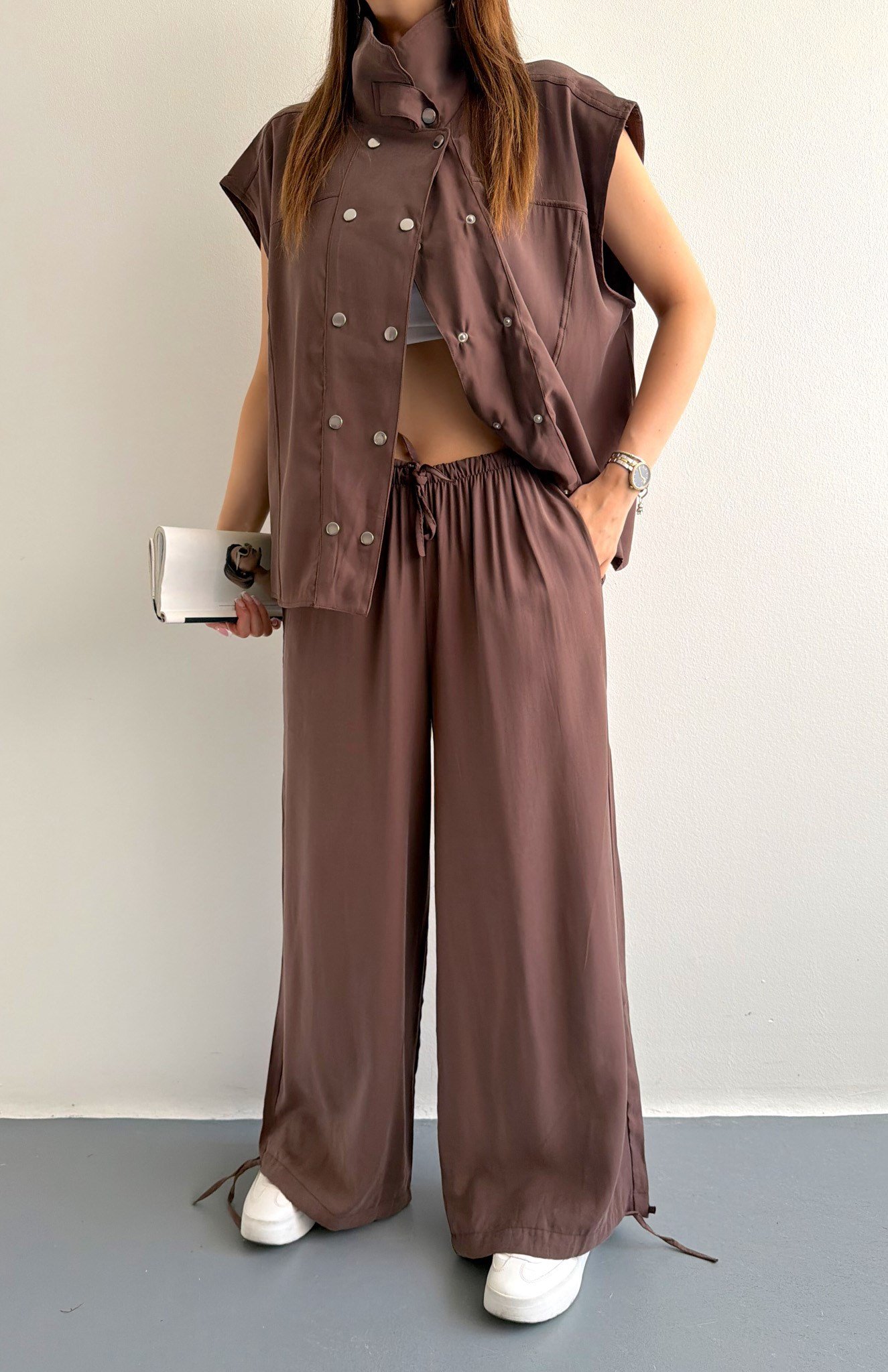 Tencel Çıtçıtlı Takım KAHVERENGİ