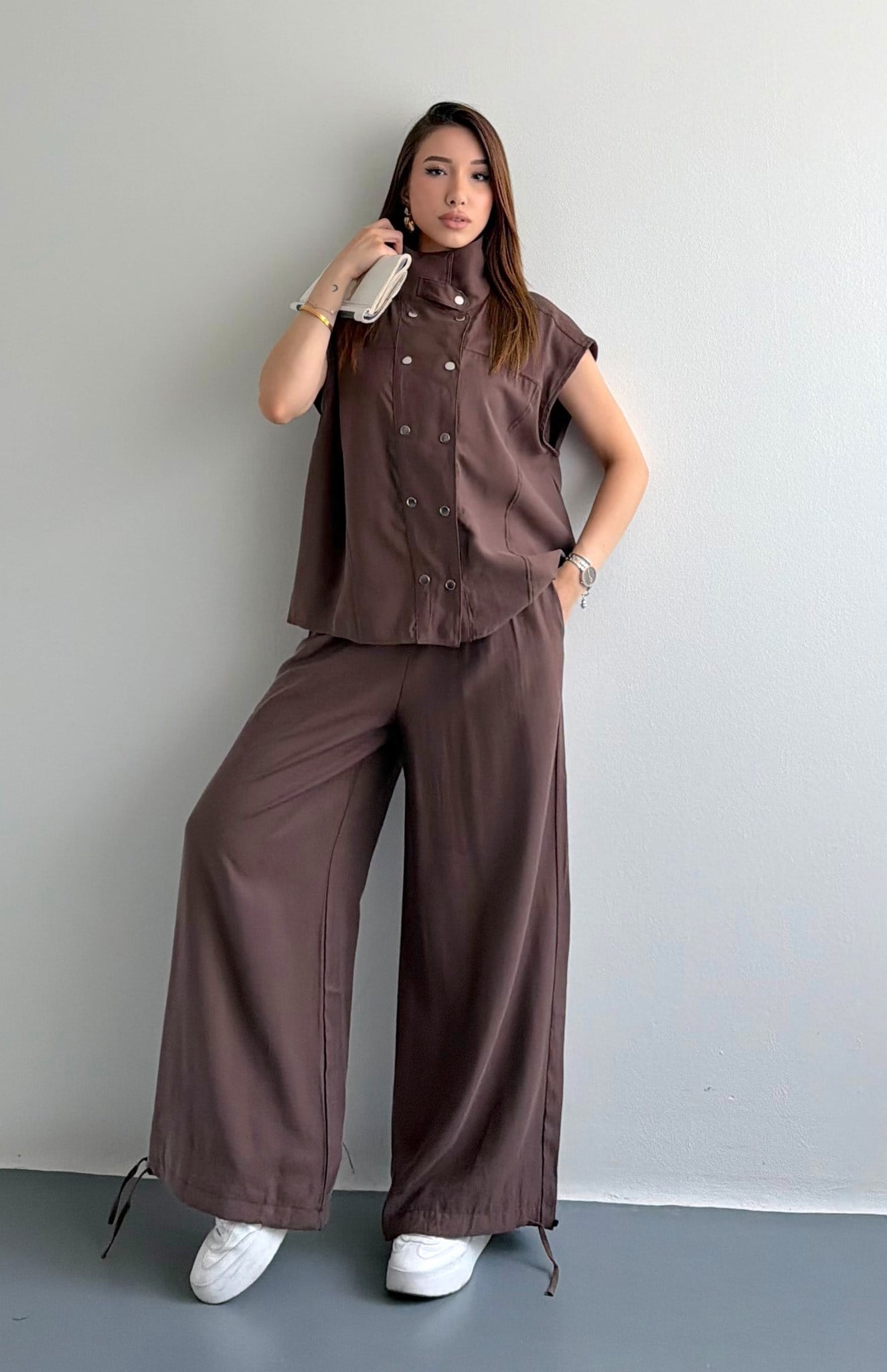 Tencel Çıtçıtlı Takım KAHVERENGİ