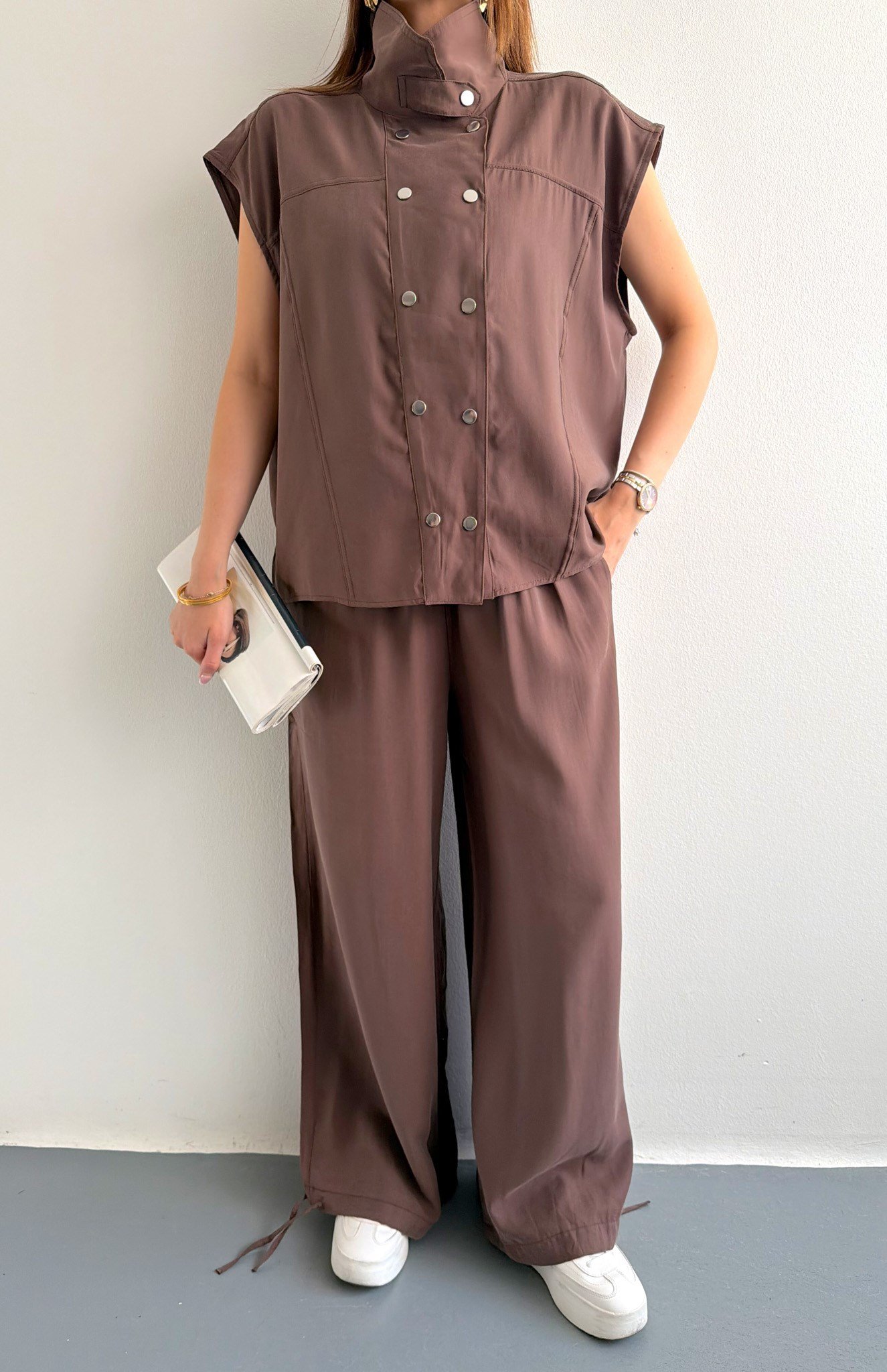 Tencel Çıtçıtlı Takım KAHVERENGİ