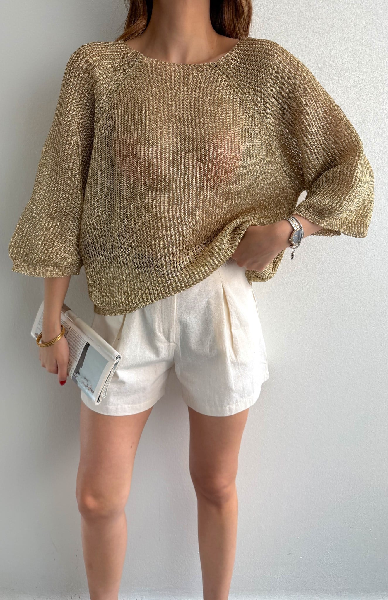 Ajurlu Oversize Parlak Simli Triko GOLD