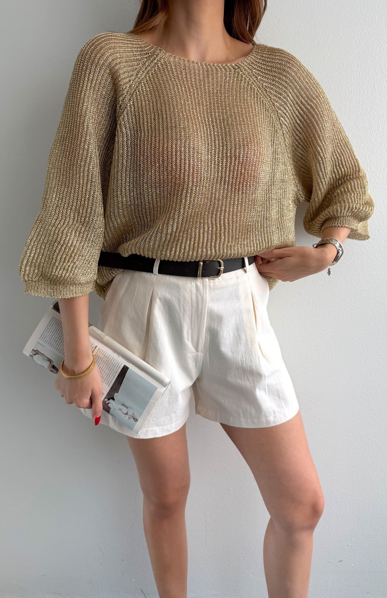 Ajurlu Oversize Parlak Simli Triko GOLD