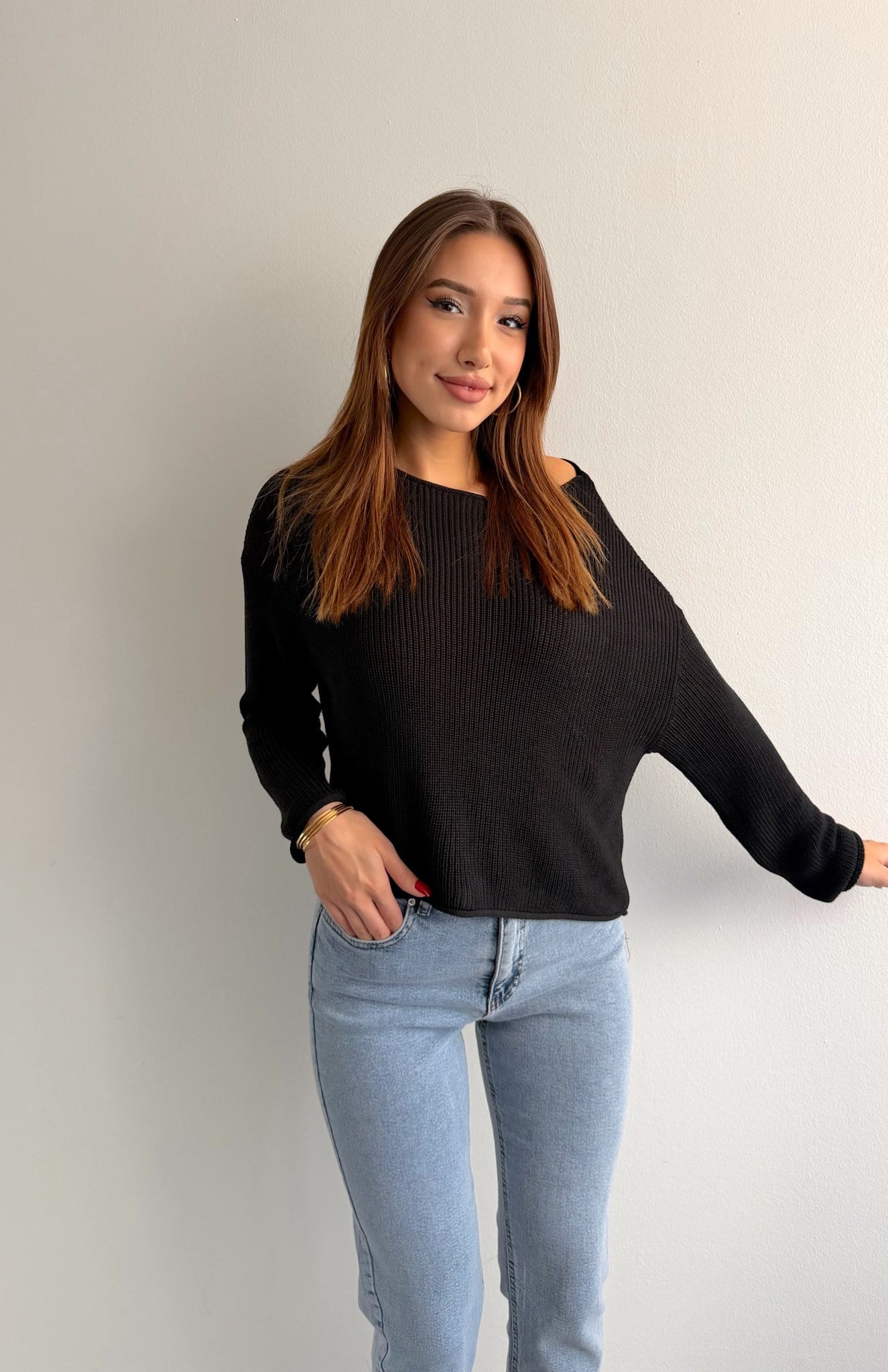 Kayık Yaka Basic Triko Kazak SİYAH