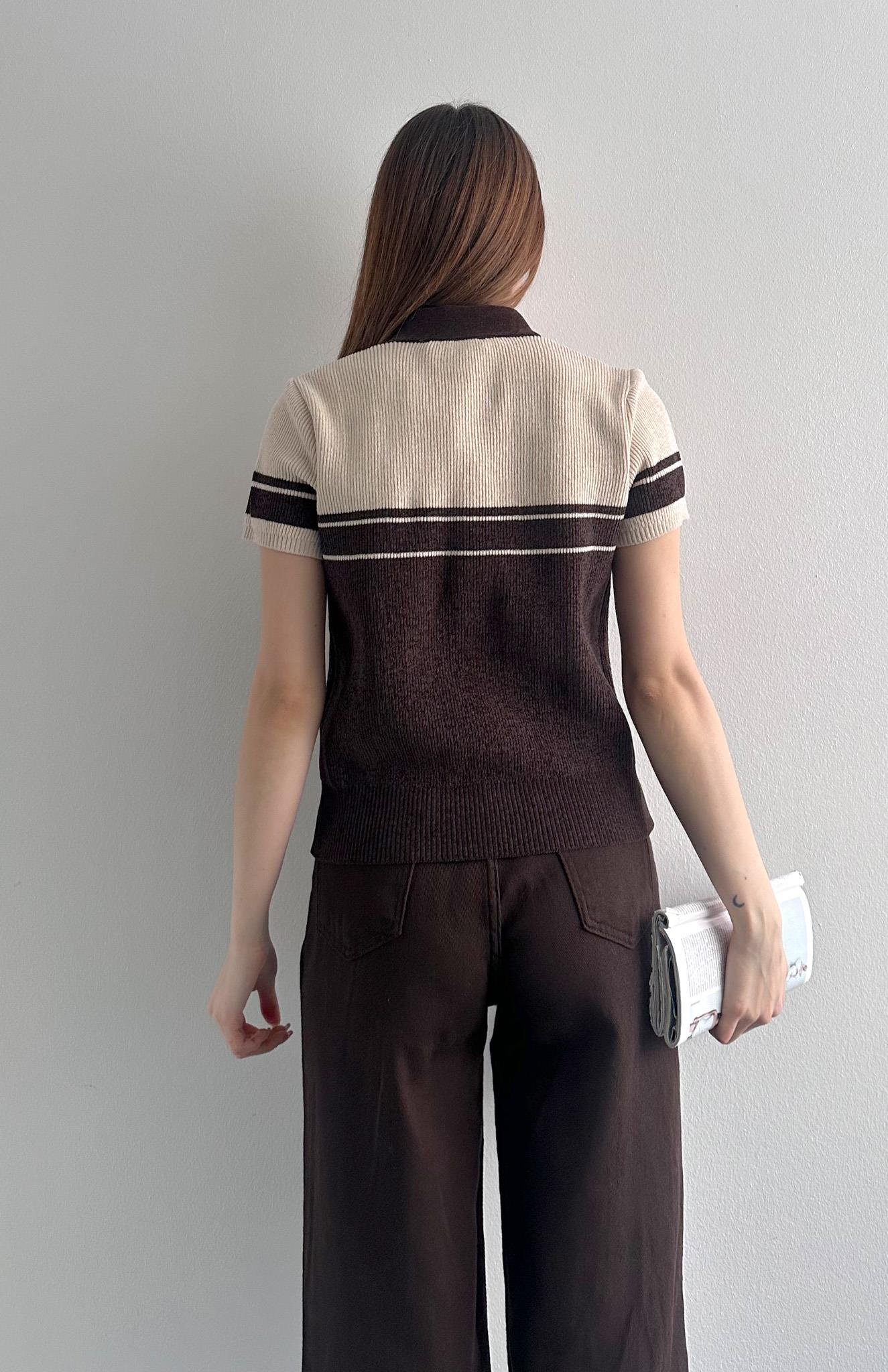 Polo Yaka Çift Renk Kısa Kol Triko Kahve-bej