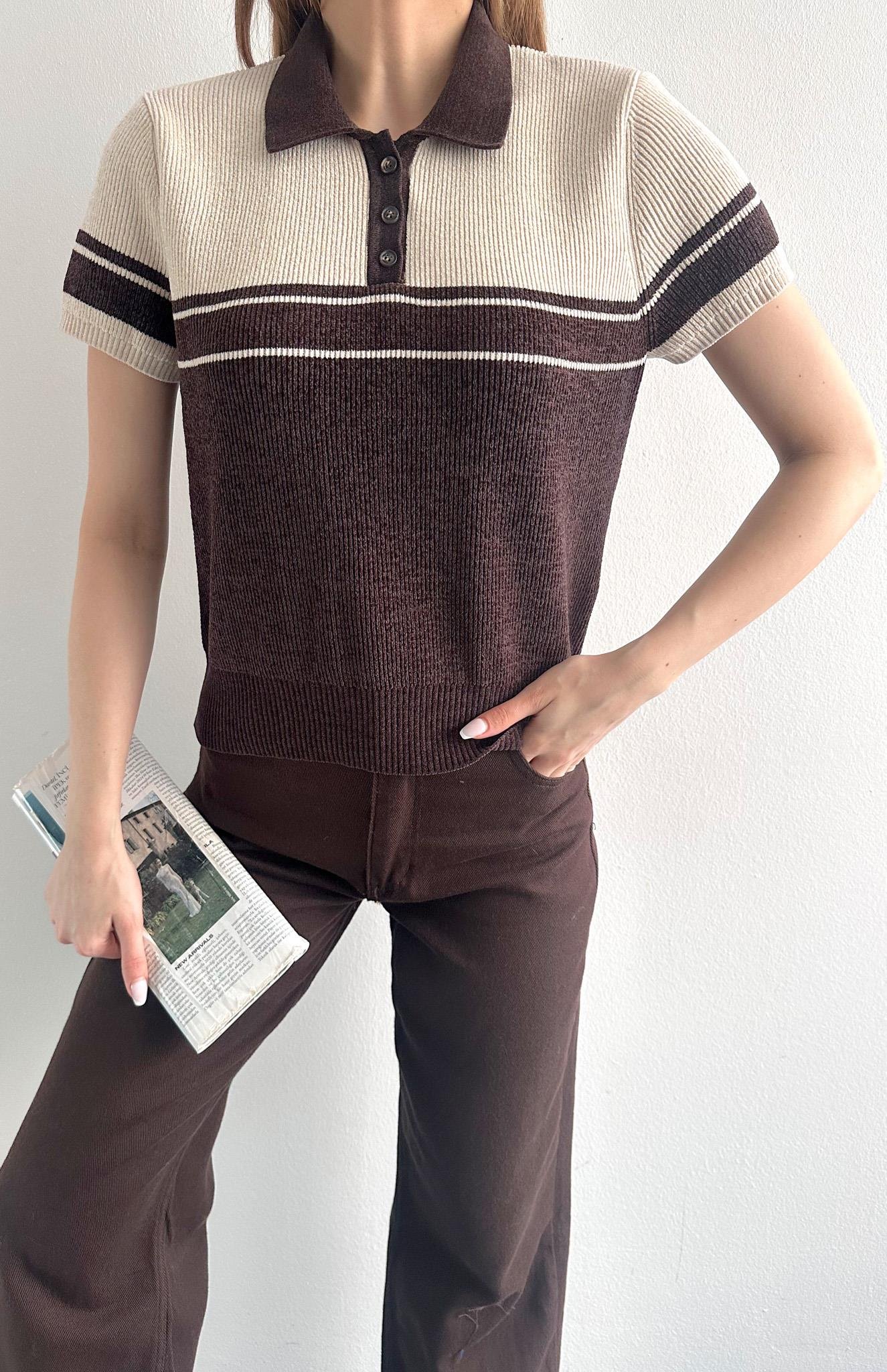 Polo Yaka Çift Renk Kısa Kol Triko Kahve-bej