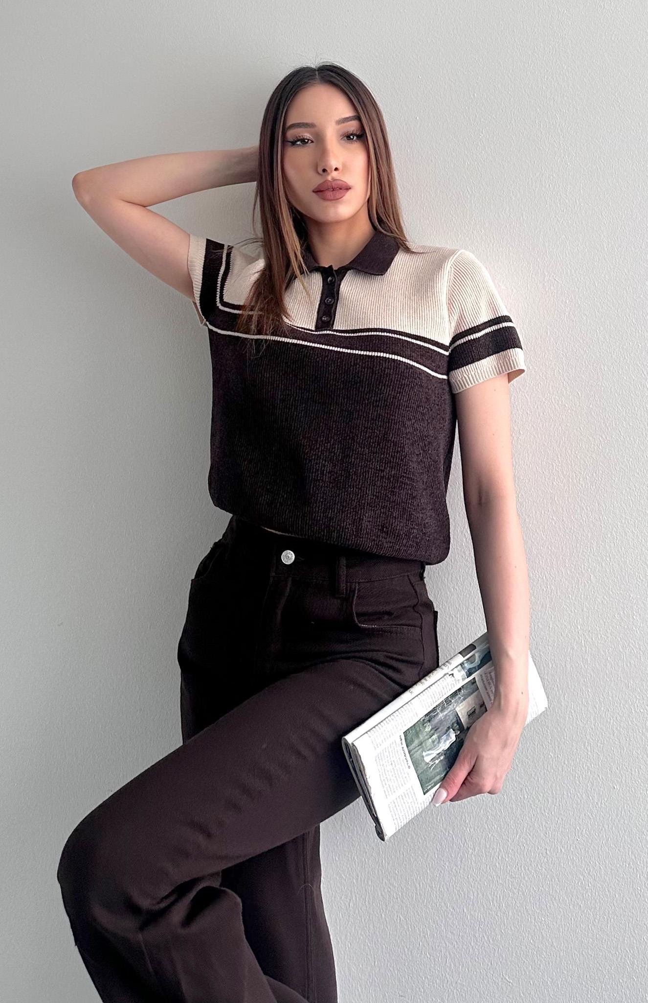 Polo Yaka Çift Renk Kısa Kol Triko Kahve-bej