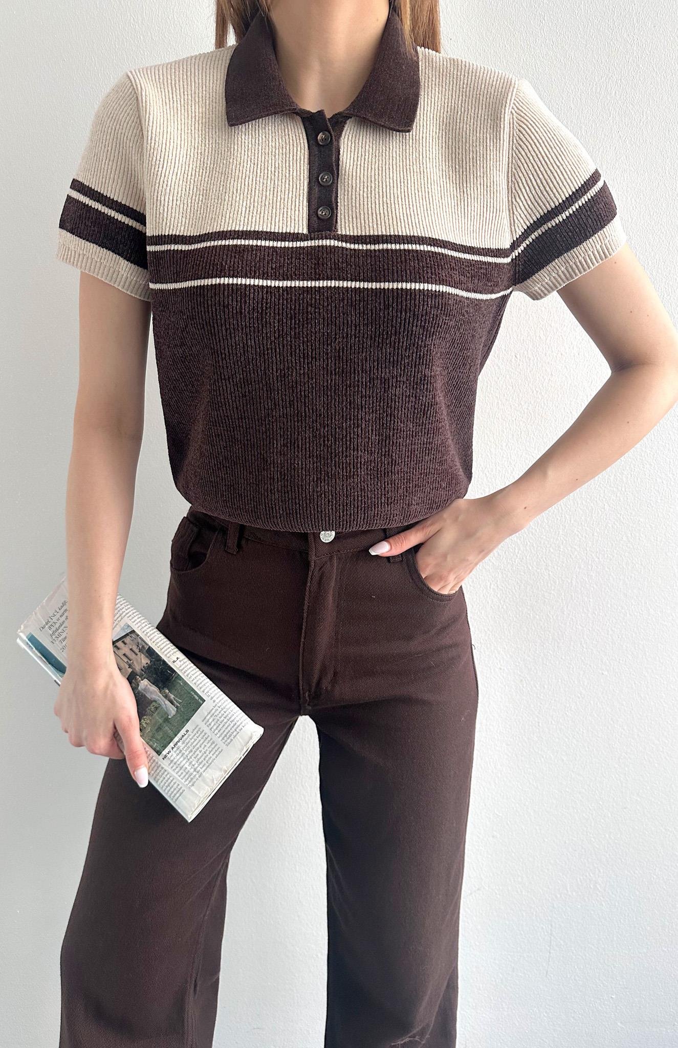 Polo Yaka Çift Renk Kısa Kol Triko Kahve-bej