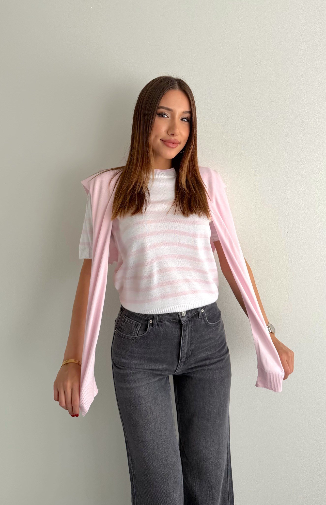 Şal Detaylı Triko EKRU-PEMBE