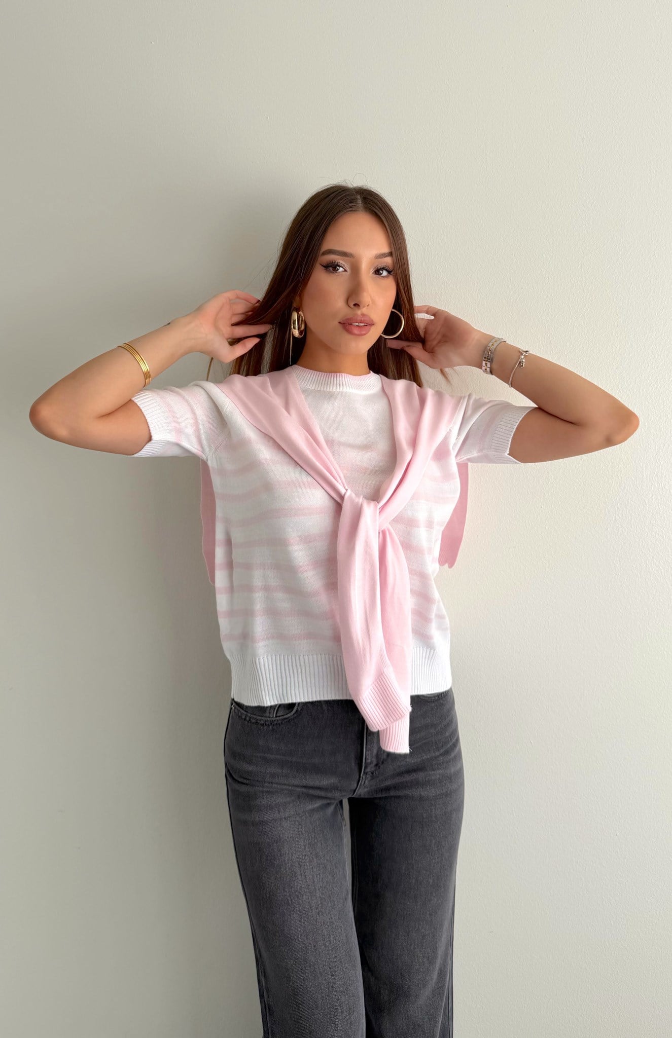 Şal Detaylı Triko EKRU-PEMBE