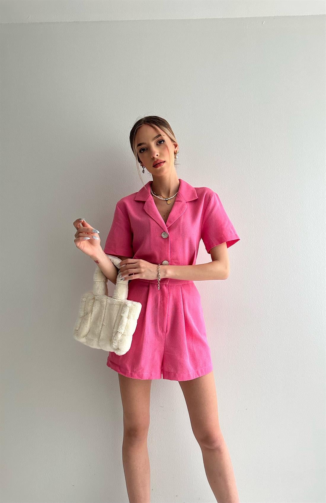 Düğme Detaylı Şort Tulum PEMBE