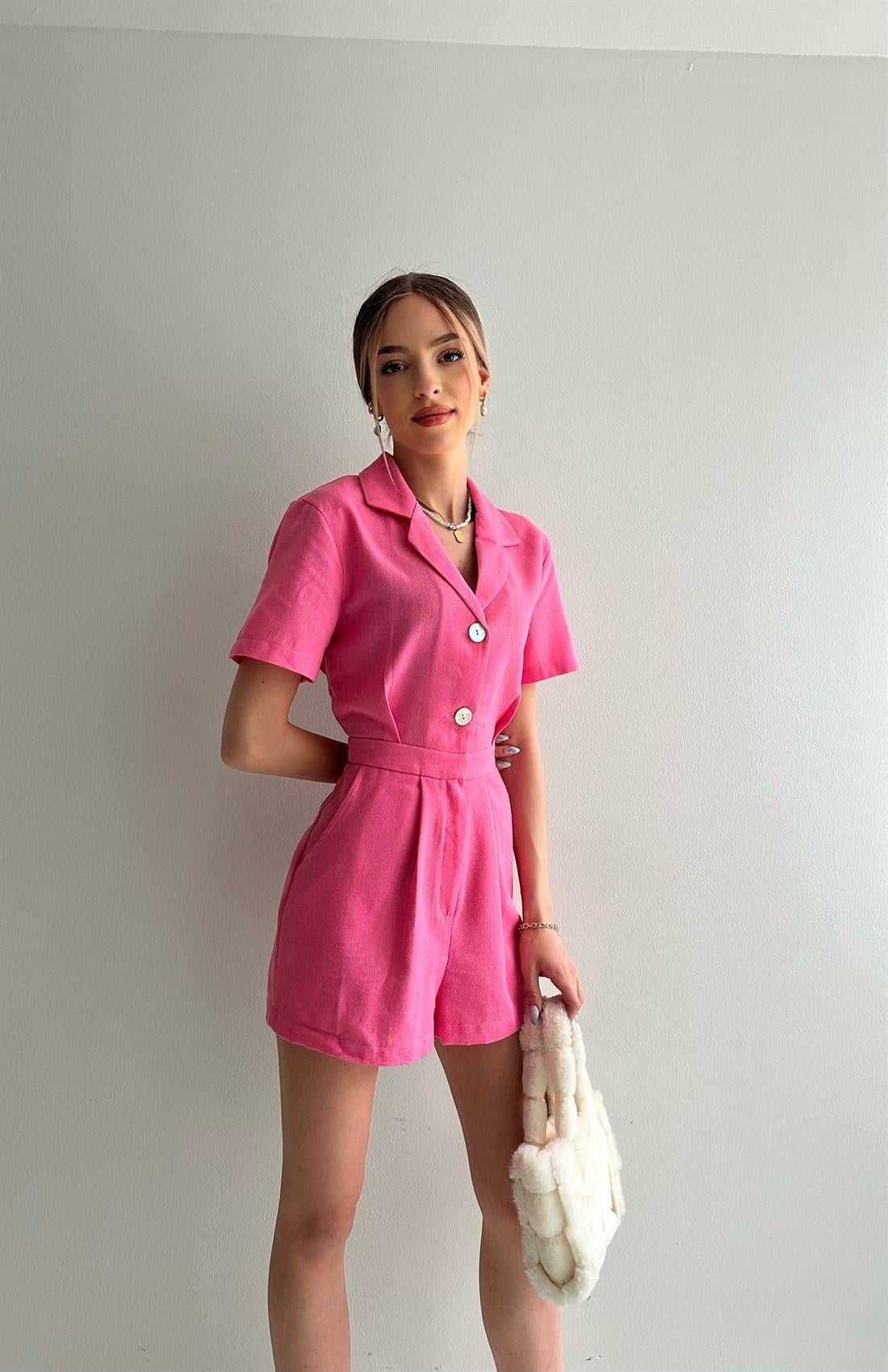 Düğme Detaylı Şort Tulum PEMBE