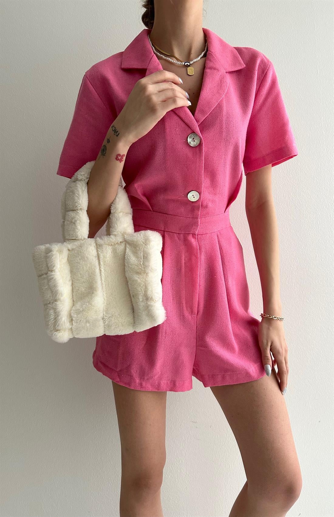 Düğme Detaylı Şort Tulum PEMBE
