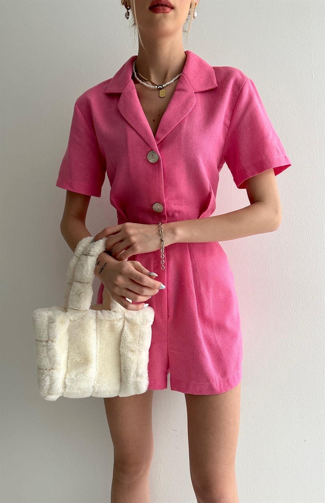 Düğme Detaylı Şort Tulum PEMBE