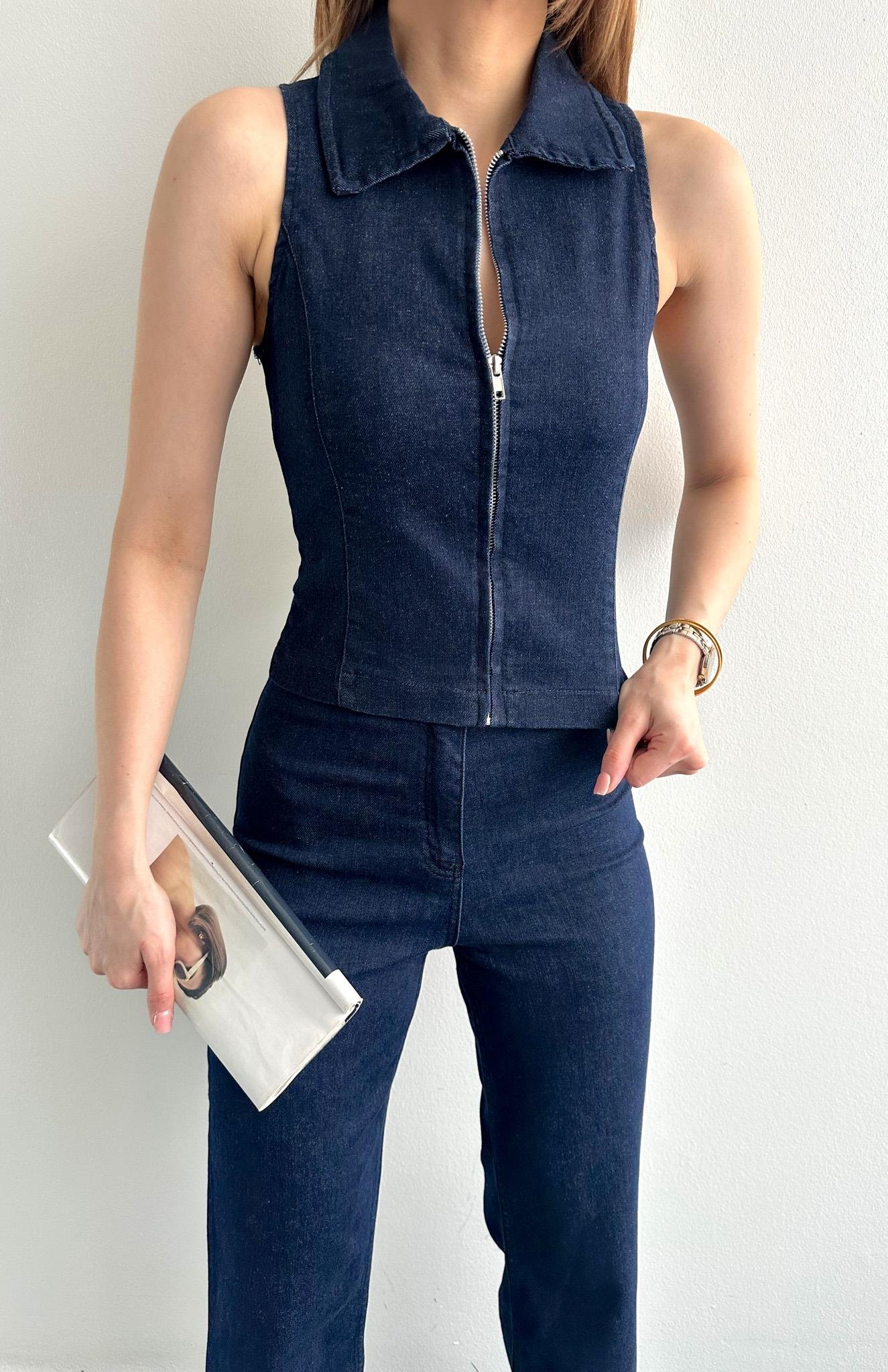 Fermuarlı Denim Yelek LACİVERT