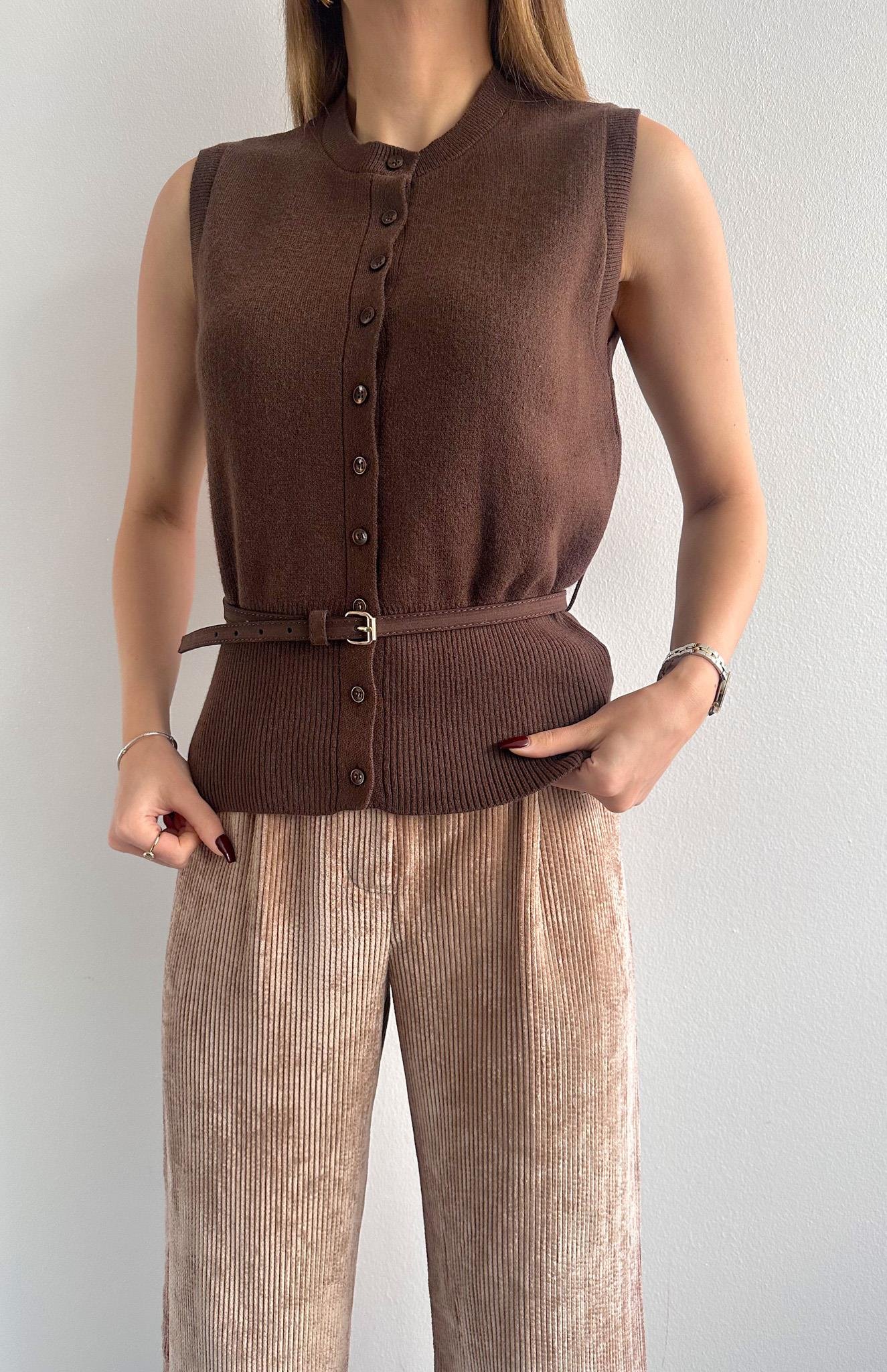 Süet Kemerli Yün Tiftik Yelek KAHVERENGİ