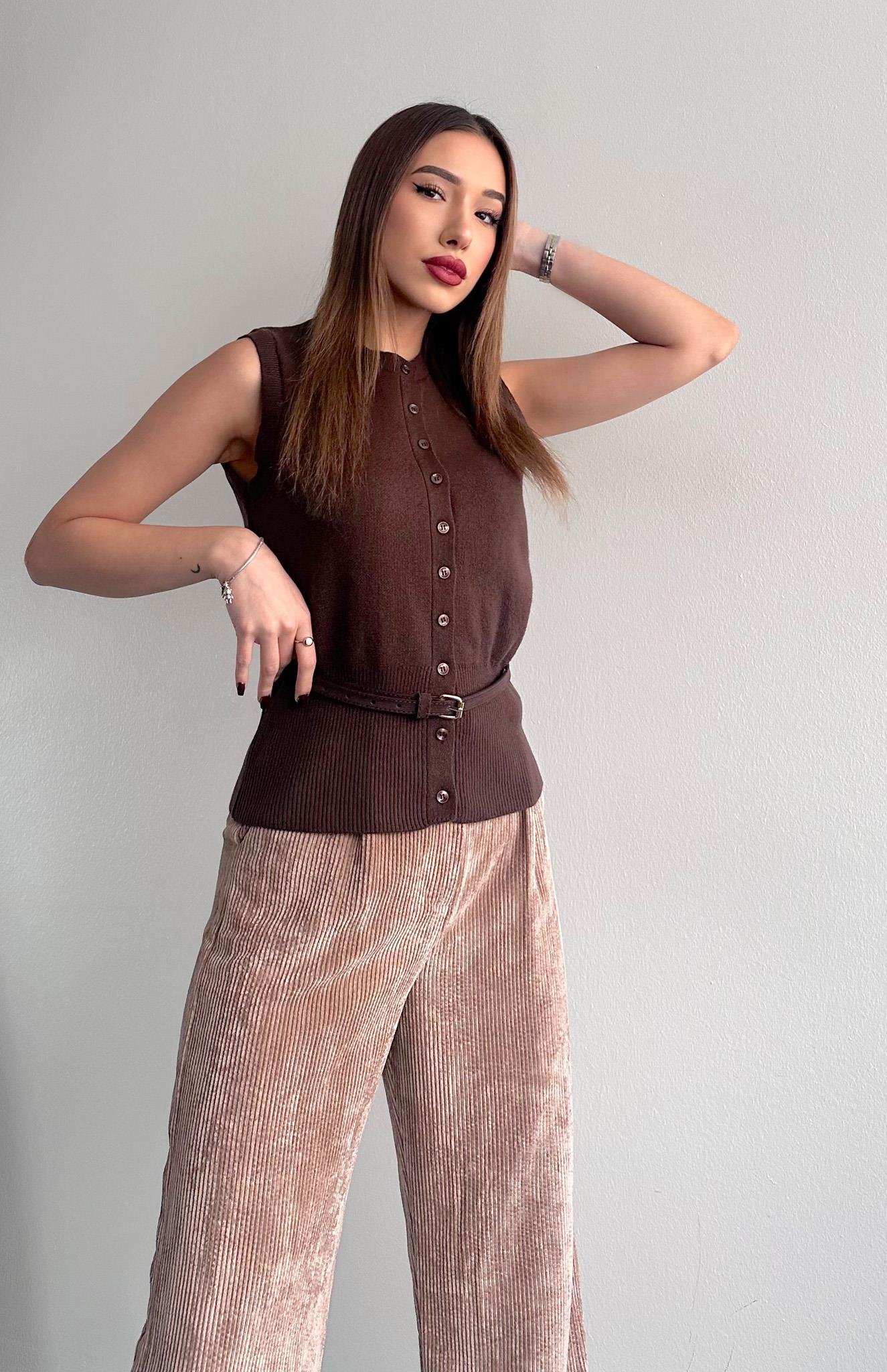 Süet Kemerli Yün Tiftik Yelek KAHVERENGİ