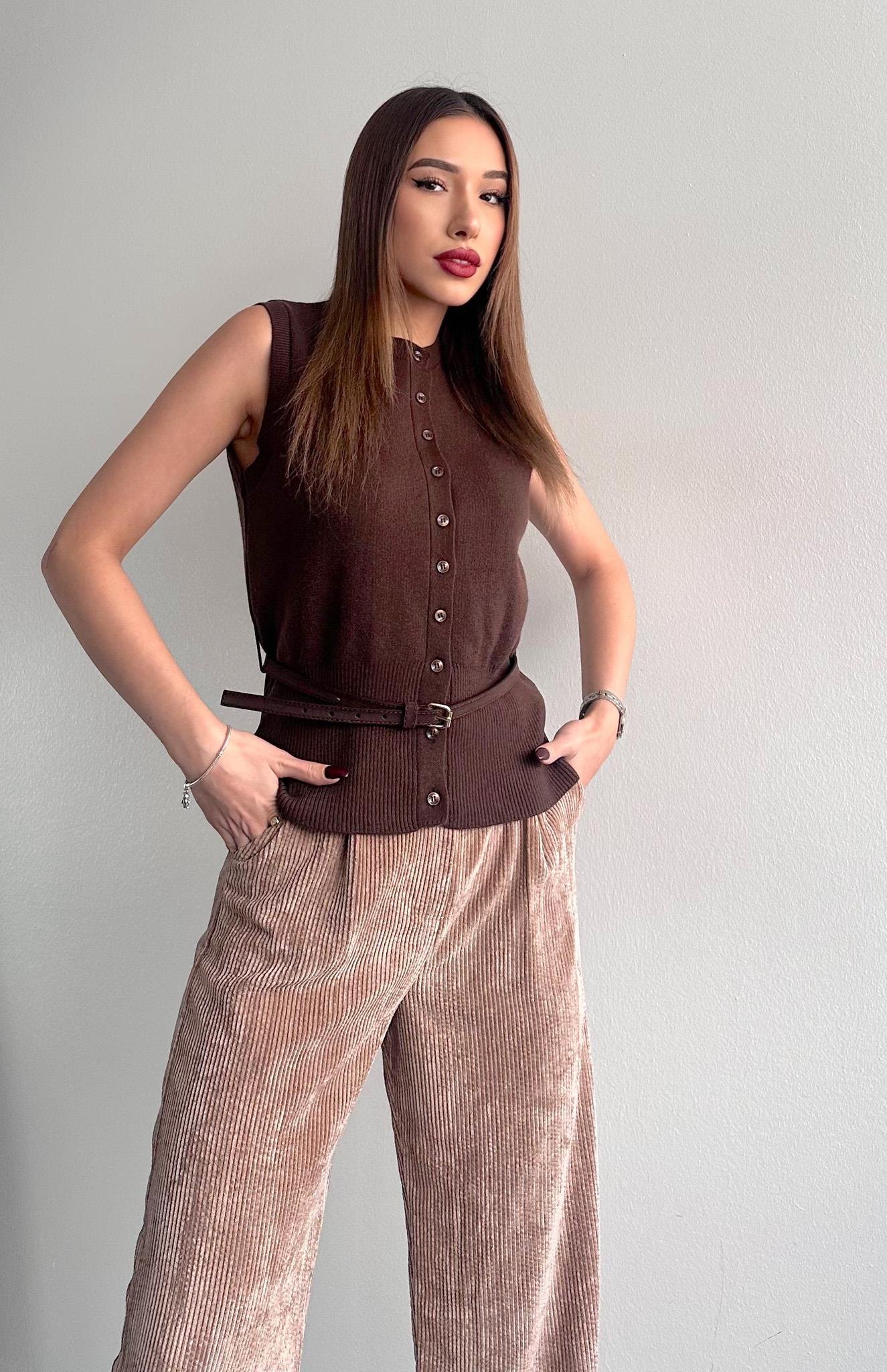 Süet Kemerli Yün Tiftik Yelek KAHVERENGİ