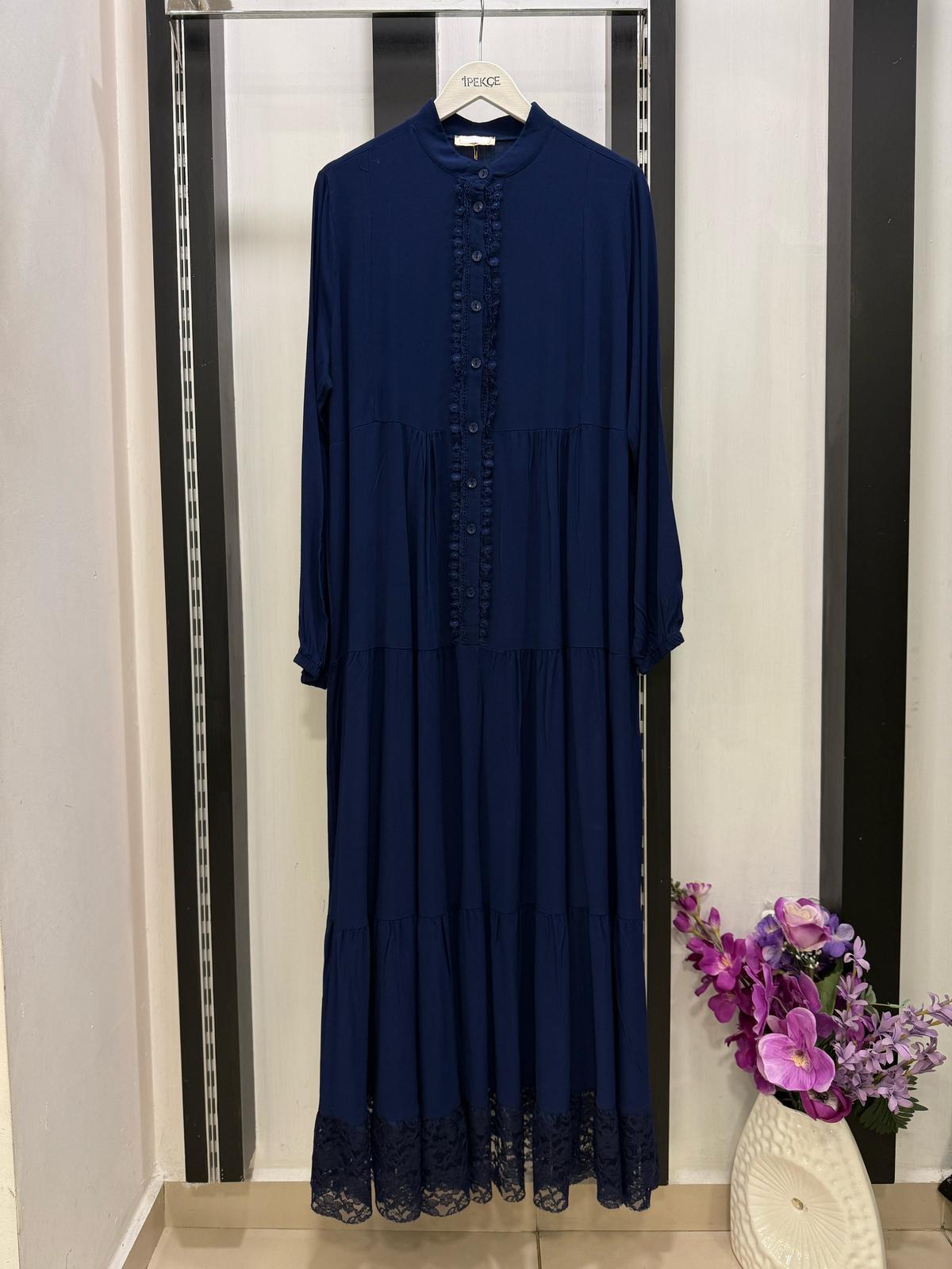 Elbise altı dantel düğmeli viscon indigo mavisi