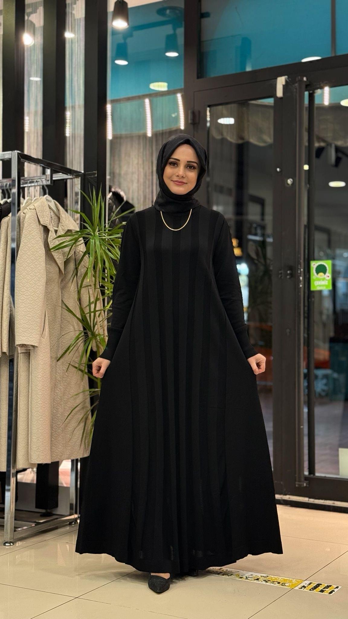 Elbise merserize ön arka kalın şeritli siyah