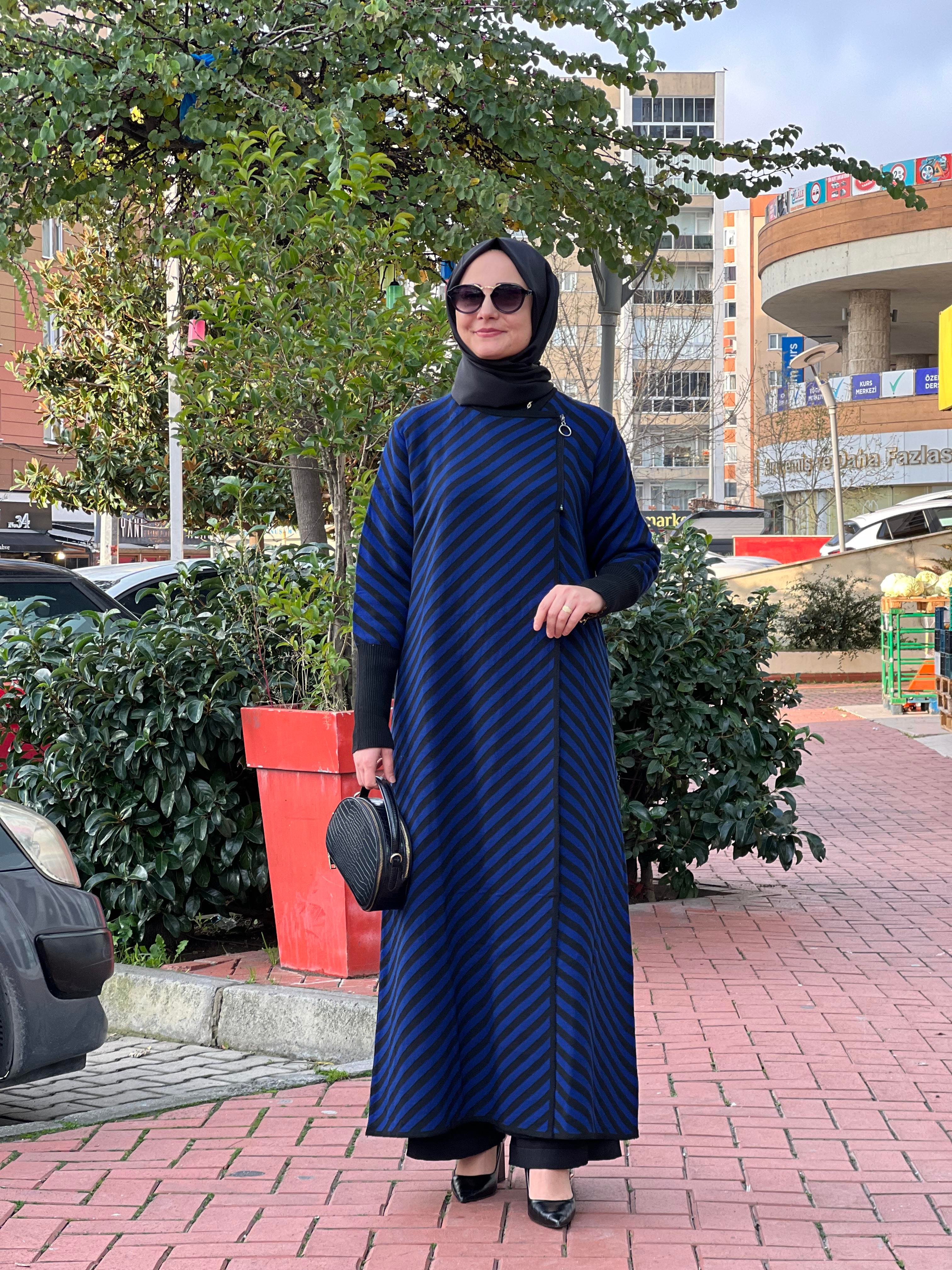 Hırka triko tam boy saks-siyah