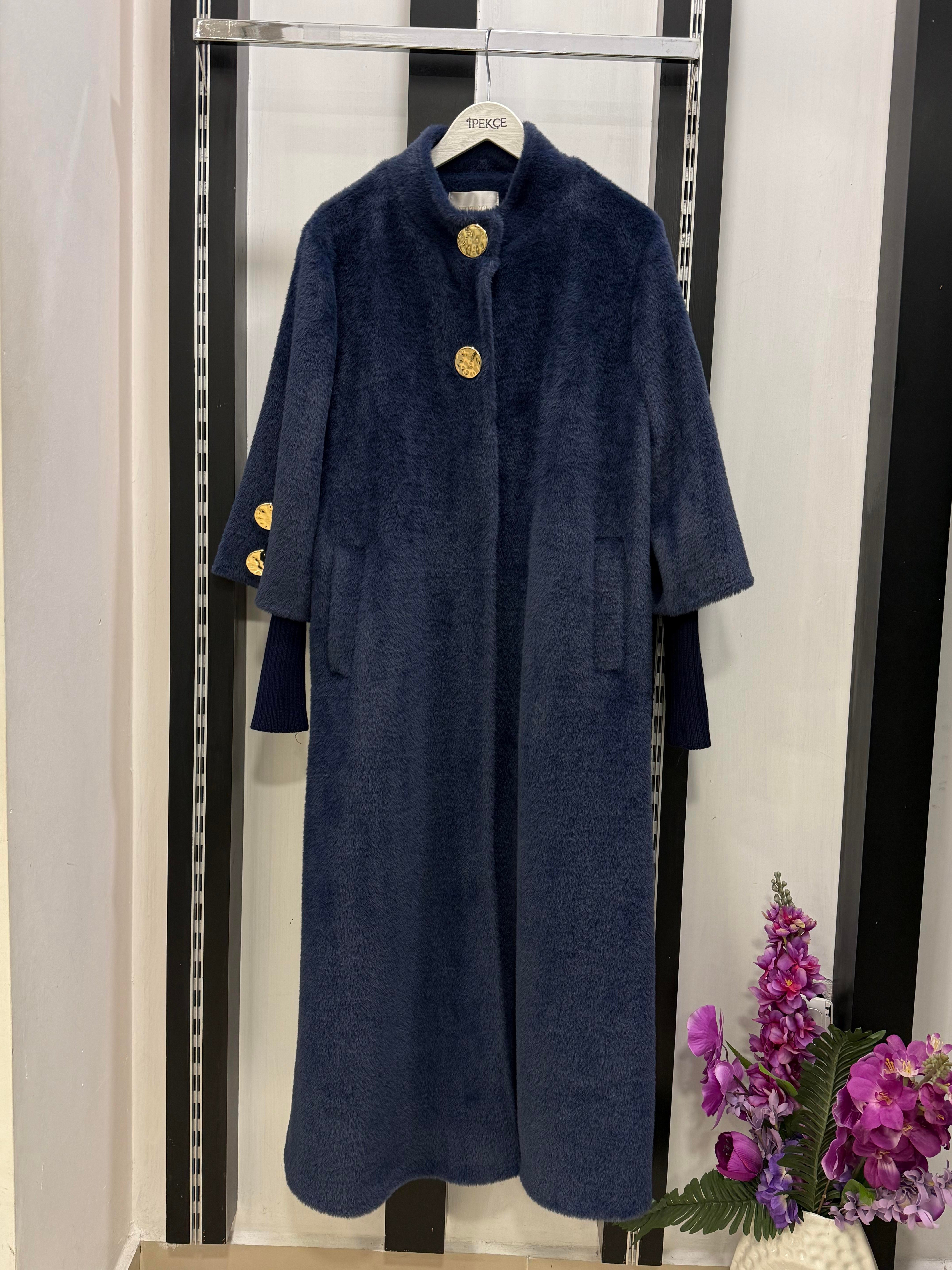 Kaban angora 25K-7129  kol-yaka düğme detaylı kaban indigo