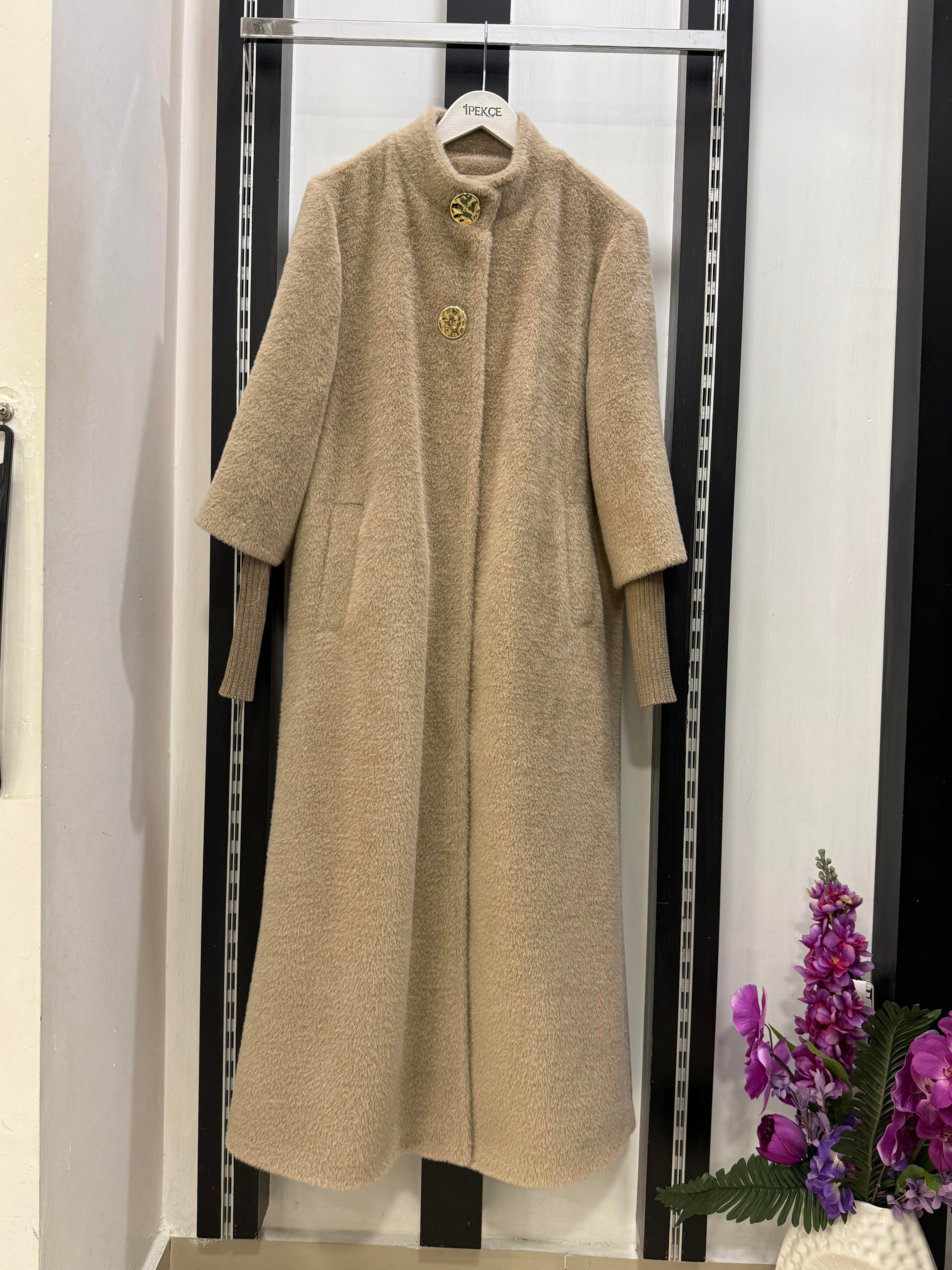 Kaban angora 25K-7129  kol-yaka düğme detaylı kaban koyu bej