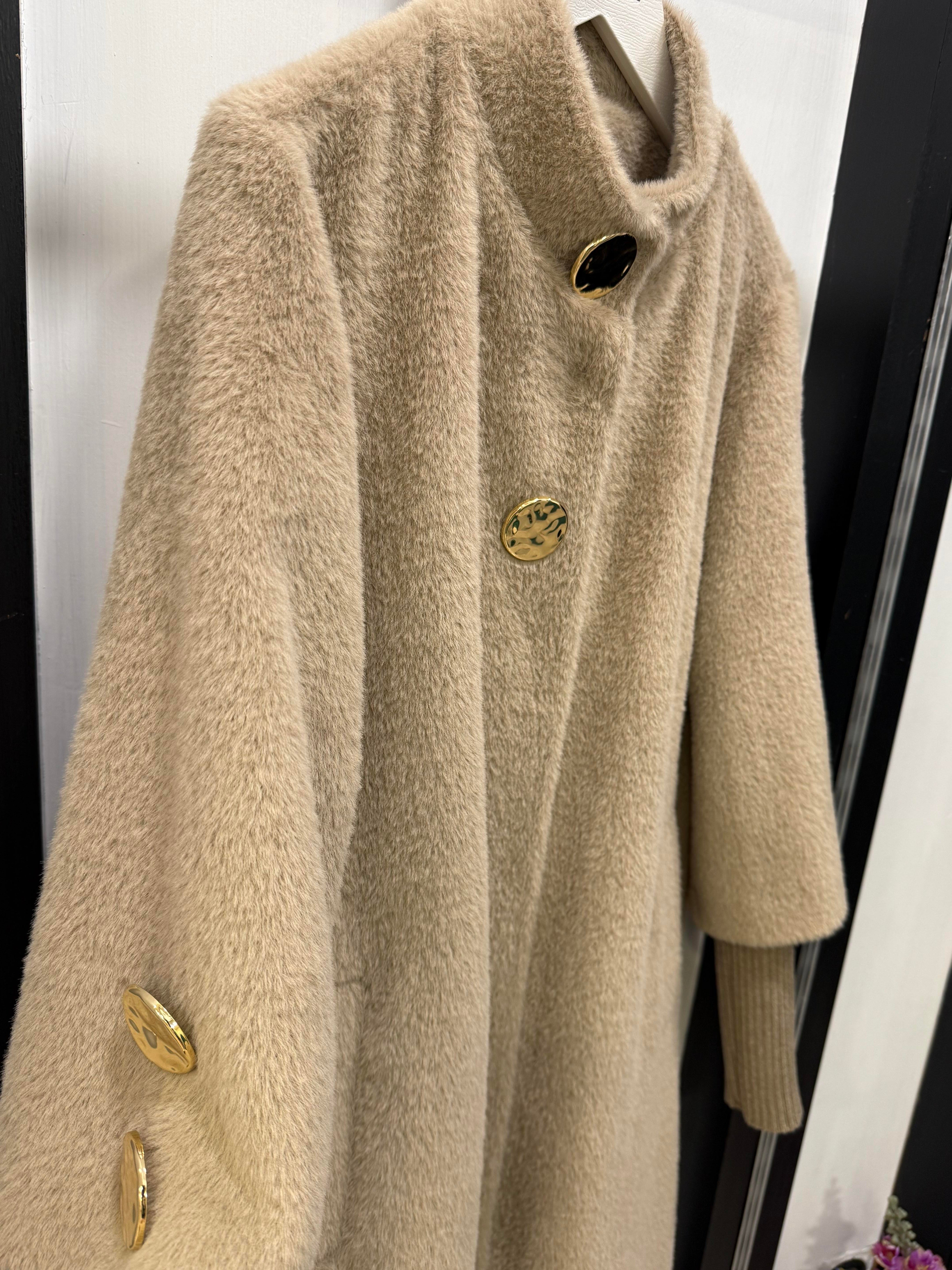 Kaban angora 25K-7129  kol-yaka düğme detaylı kaban koyu bej