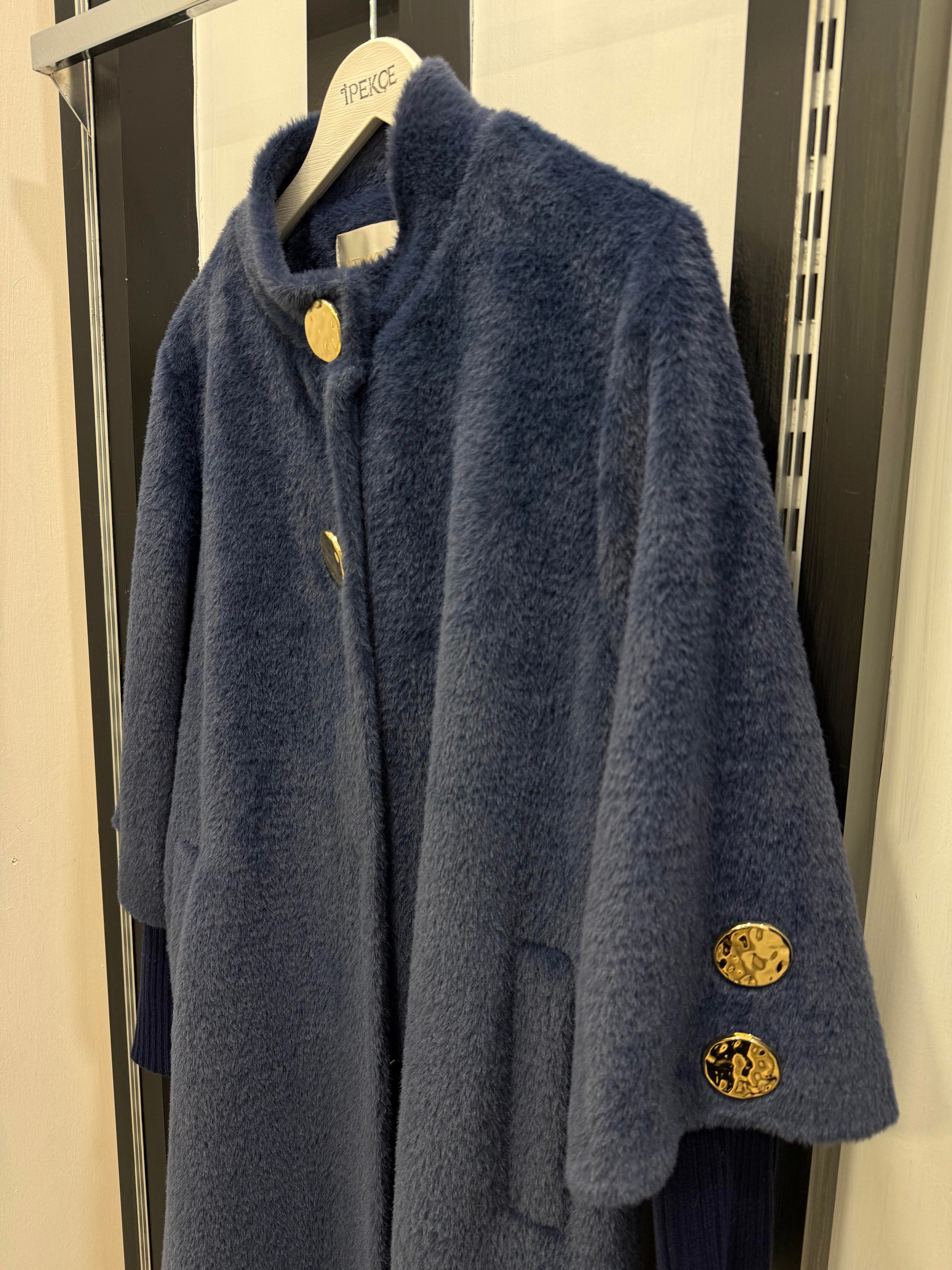 Kaban angora 25K-7129  kol-yaka düğme detaylı kaban indigo