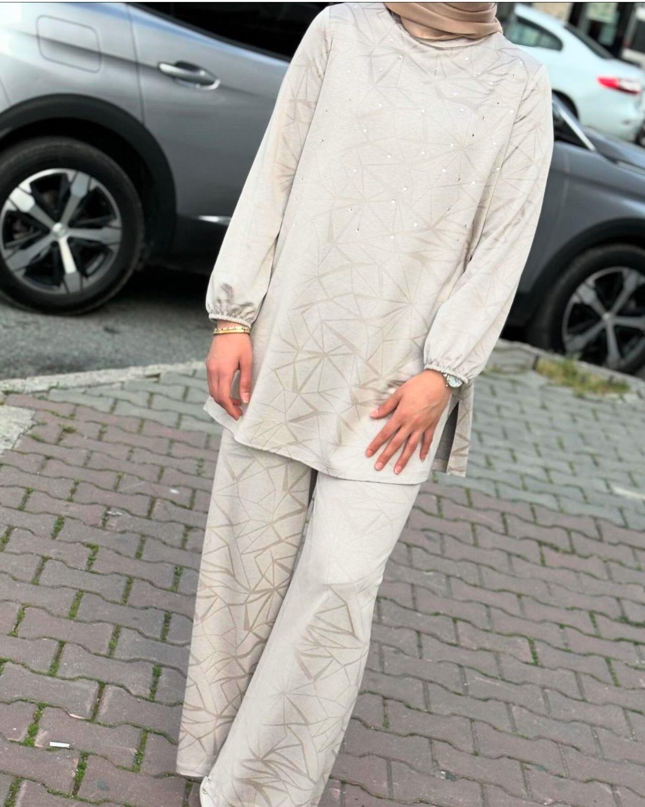 Orhan pantolonlu spor takım taşlı bej