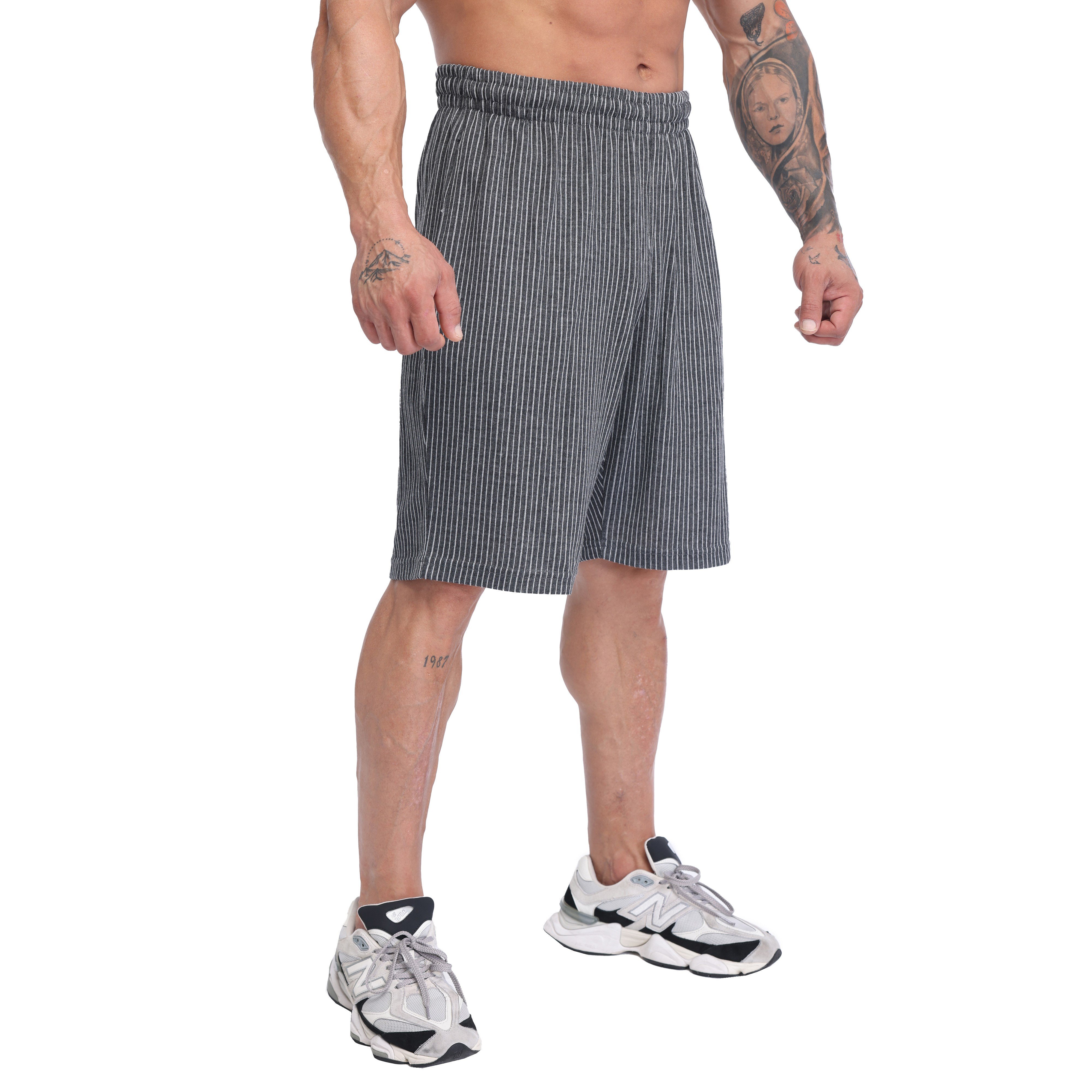 Men's Pinstripe Gym Shorts, Cotton, Loose Fit, with Pockets