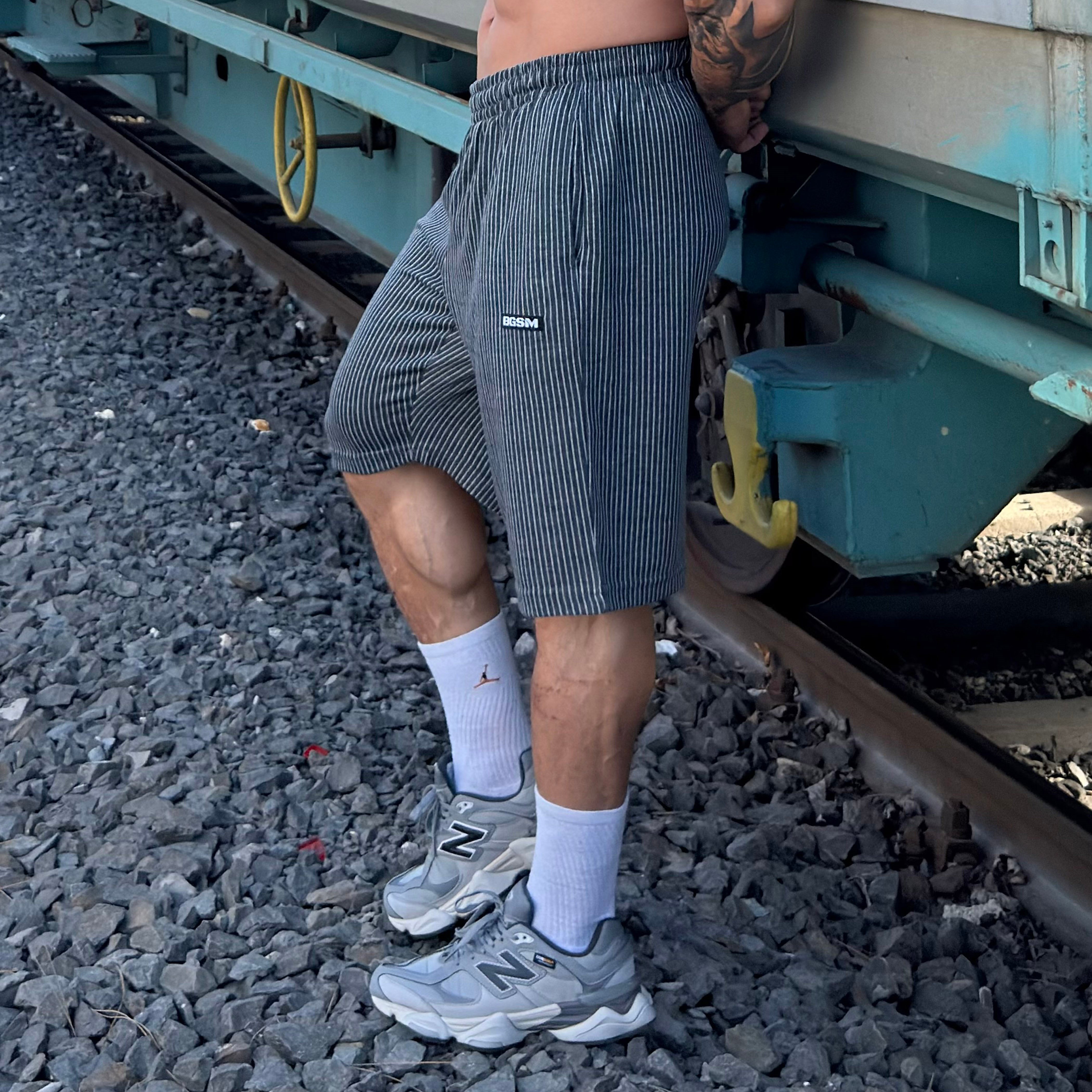 Men's Pinstripe Gym Shorts, Cotton, Loose Fit, with Pockets
