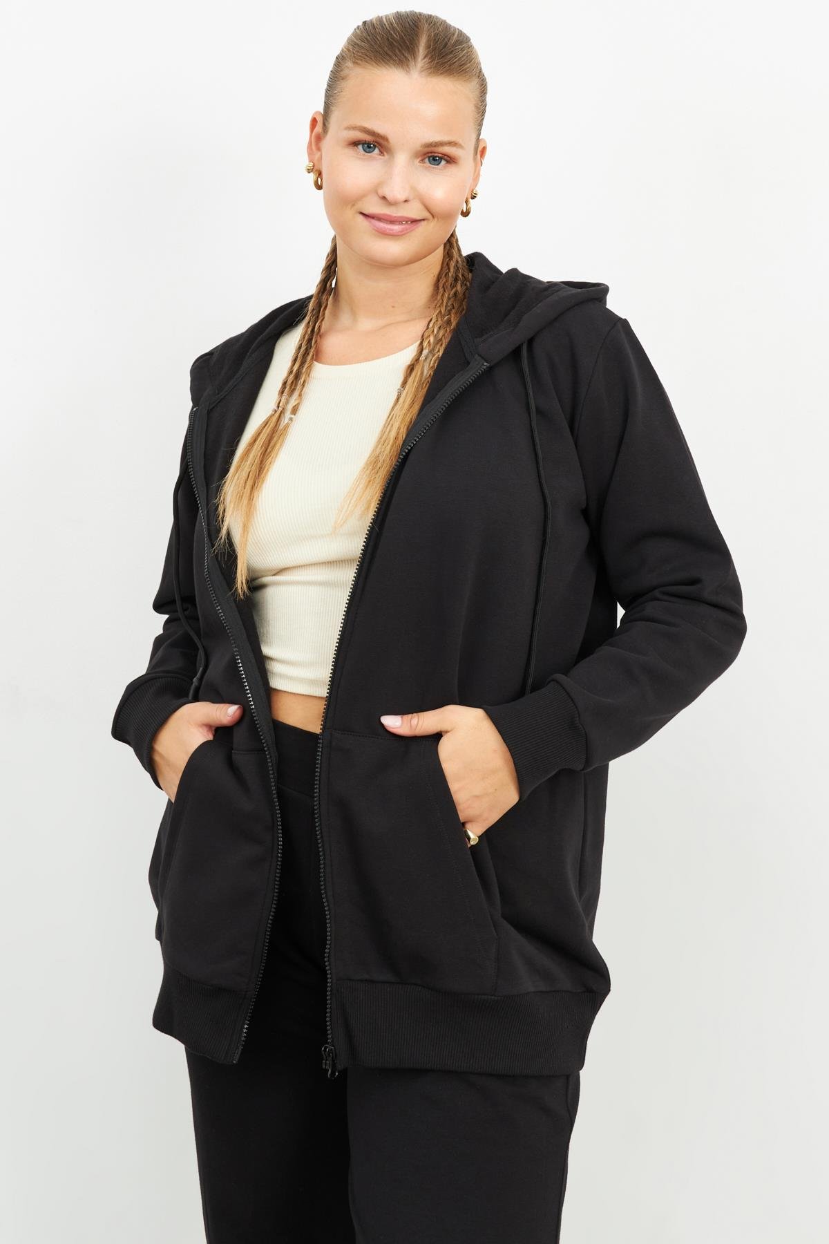 SİYAH ŞARDONLU FERMUARLI SWEATSHIRT | curly