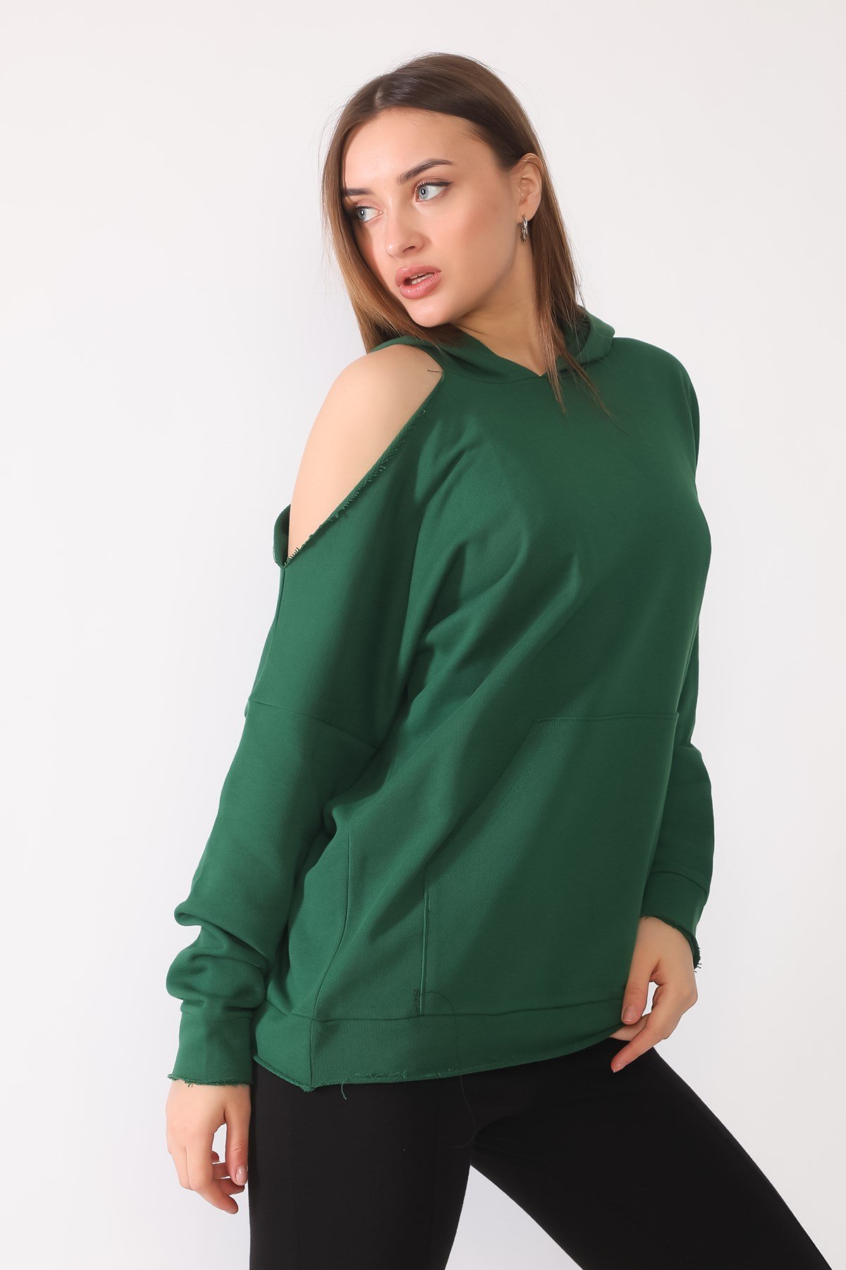 YEŞİL, TEK OMUZU AÇIK SWEATSHIRT | curly