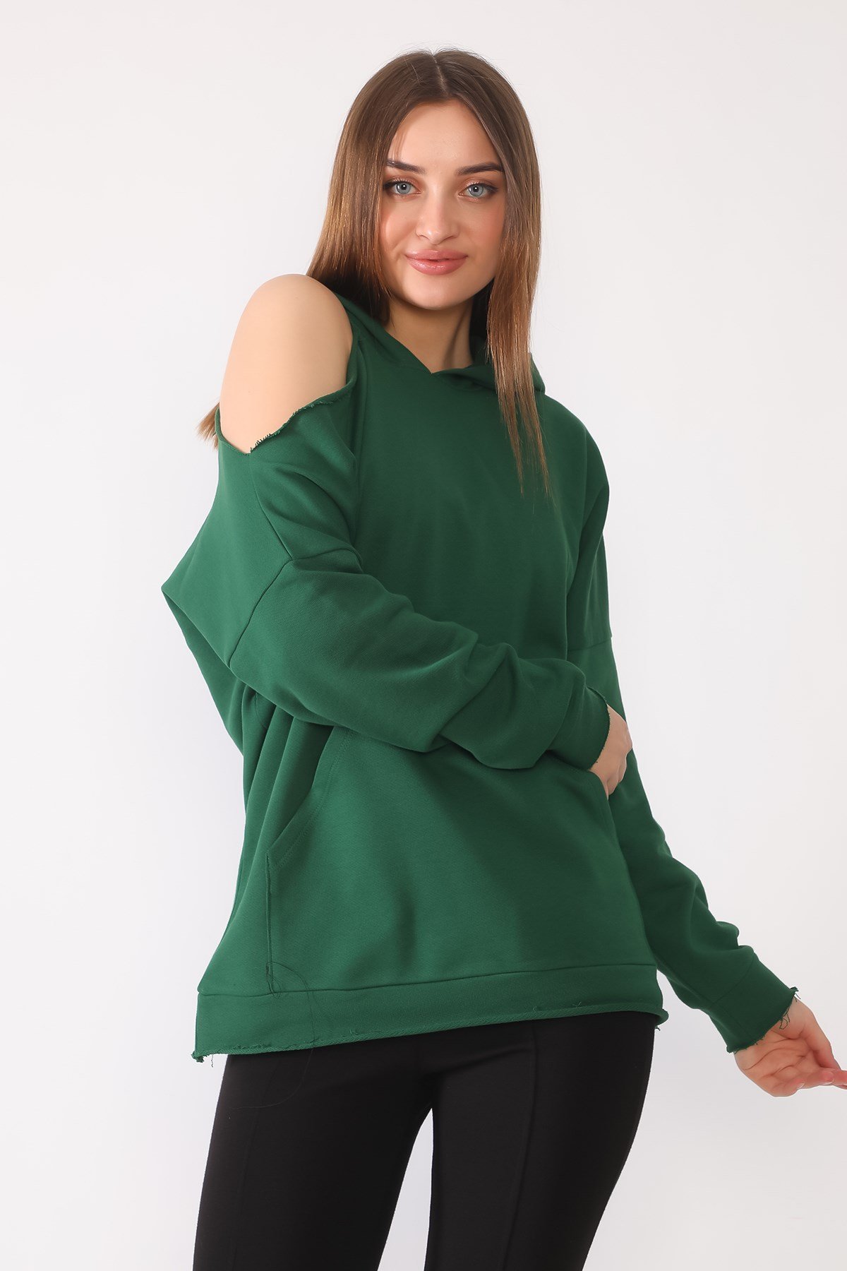 YEŞİL, TEK OMUZU AÇIK SWEATSHIRT | curly