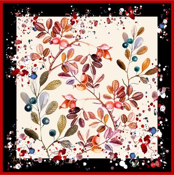 ScarfÇiçekli Desen Black Seri Twill Eşarp Askısı ile Birlikte 90x90 cm