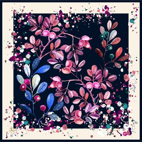ScarfÇiçekli Desen Black Seri Twill Eşarp Askısı ile Birlikte 90x90 cm