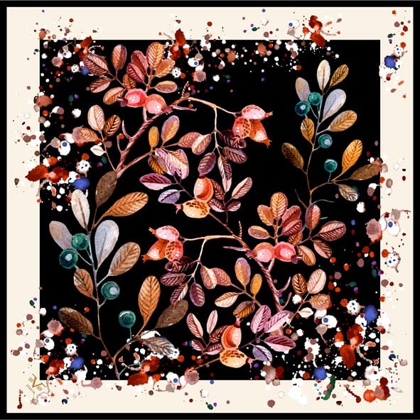 ScarfÇiçekli Desen Black Seri Twill Eşarp Askısı ile Birlikte 90x90 cm