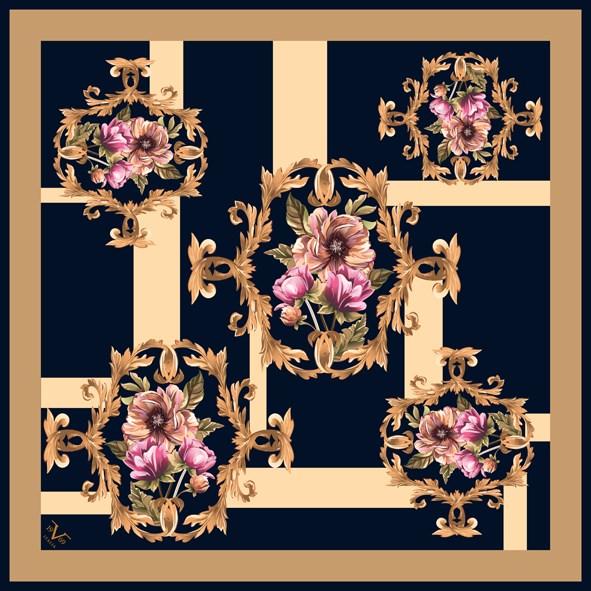 ScarfBarok Çiçek Desen Black Seri Twill Eşarp Askısı ile Birlikte 90x90 cm