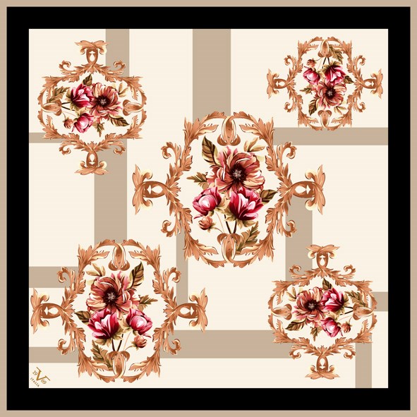 ScarfBarok Çiçek Desen Black Seri Twill Eşarp Askısı ile Birlikte 90x90 cm