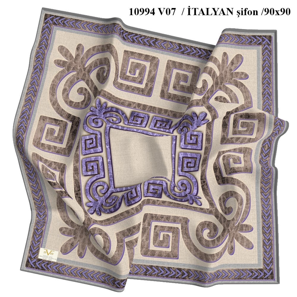 EŞARPGreece Key Desen İtalyan Şifon Seri Eşarp Askısı ile Birlikte 90x90 cm