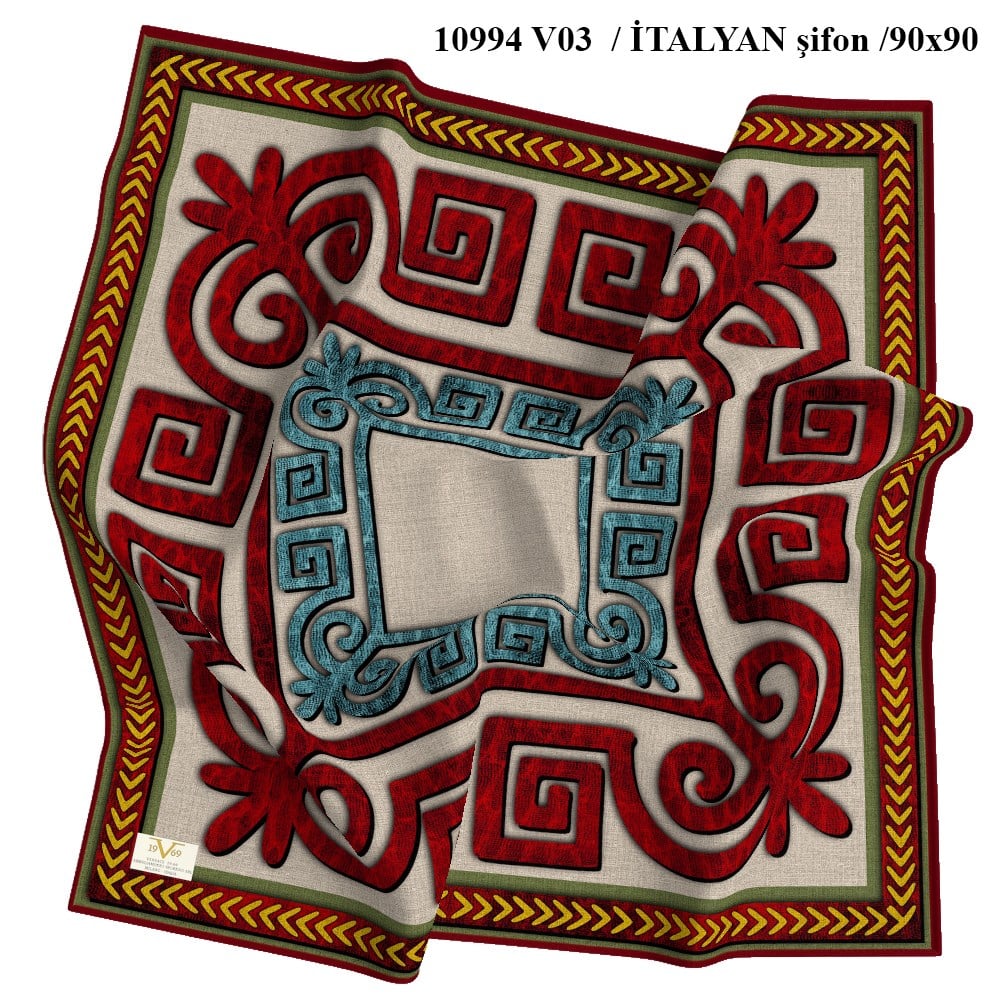 EŞARPGreece Key Desen İtalyan Şifon Seri Eşarp Askısı ile Birlikte 90x90 cm
